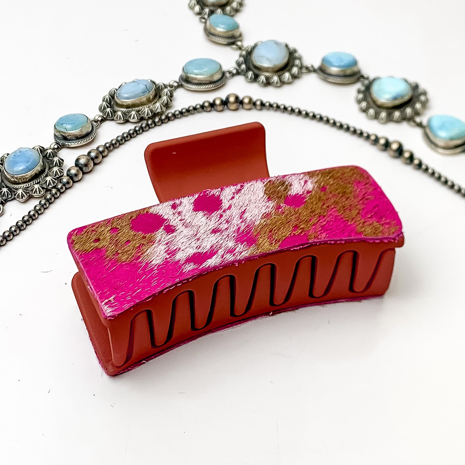 Rust Red Rectangle Claw Clip with Pink Mix Acid Wash Cowhide - Giddy Up Glamour Boutique