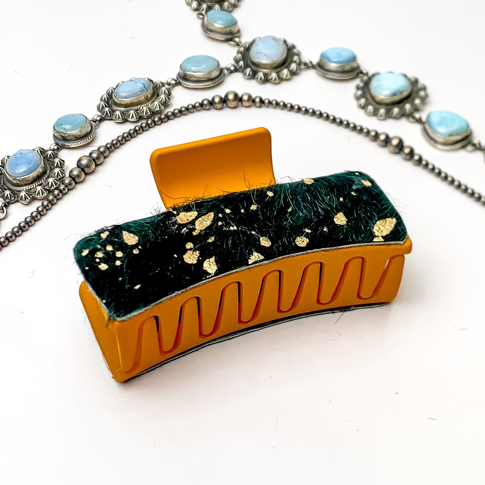 Orange Rectangle Claw Clip with Dark Green and Gold Acid Wash Cowhide - Giddy Up Glamour Boutique