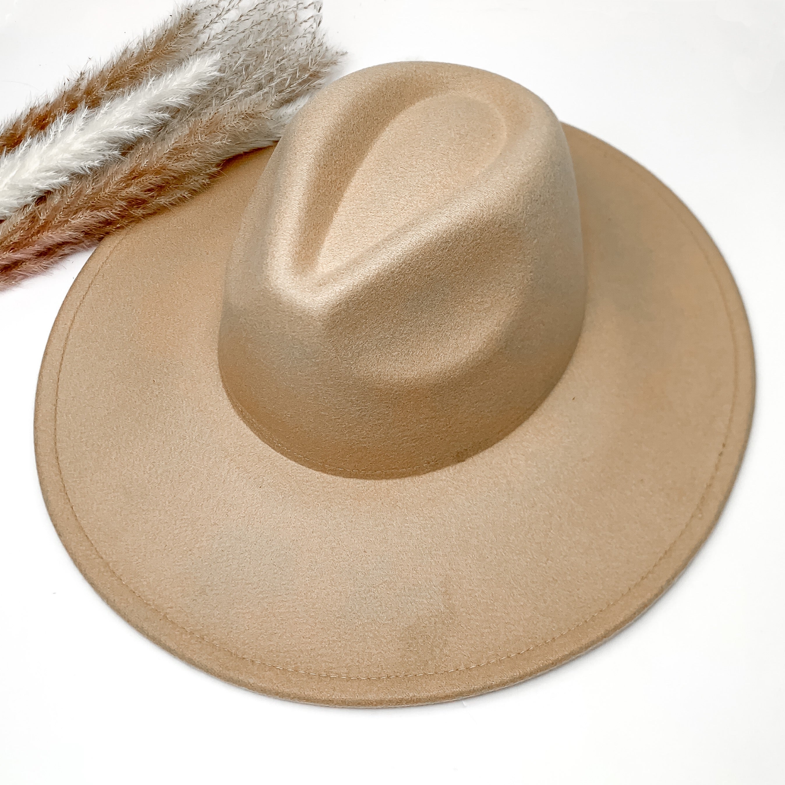 Plain and simple faux felt hat in taupe brown color. This hat is sitting on a white background. There is brown and white feathers to the left of the hat.