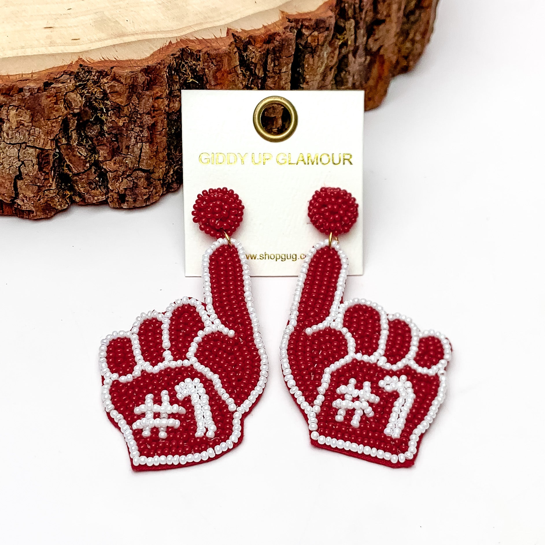 #1 Beaded Foam Finger Earrings in Maroon and White - Giddy Up Glamour Boutique