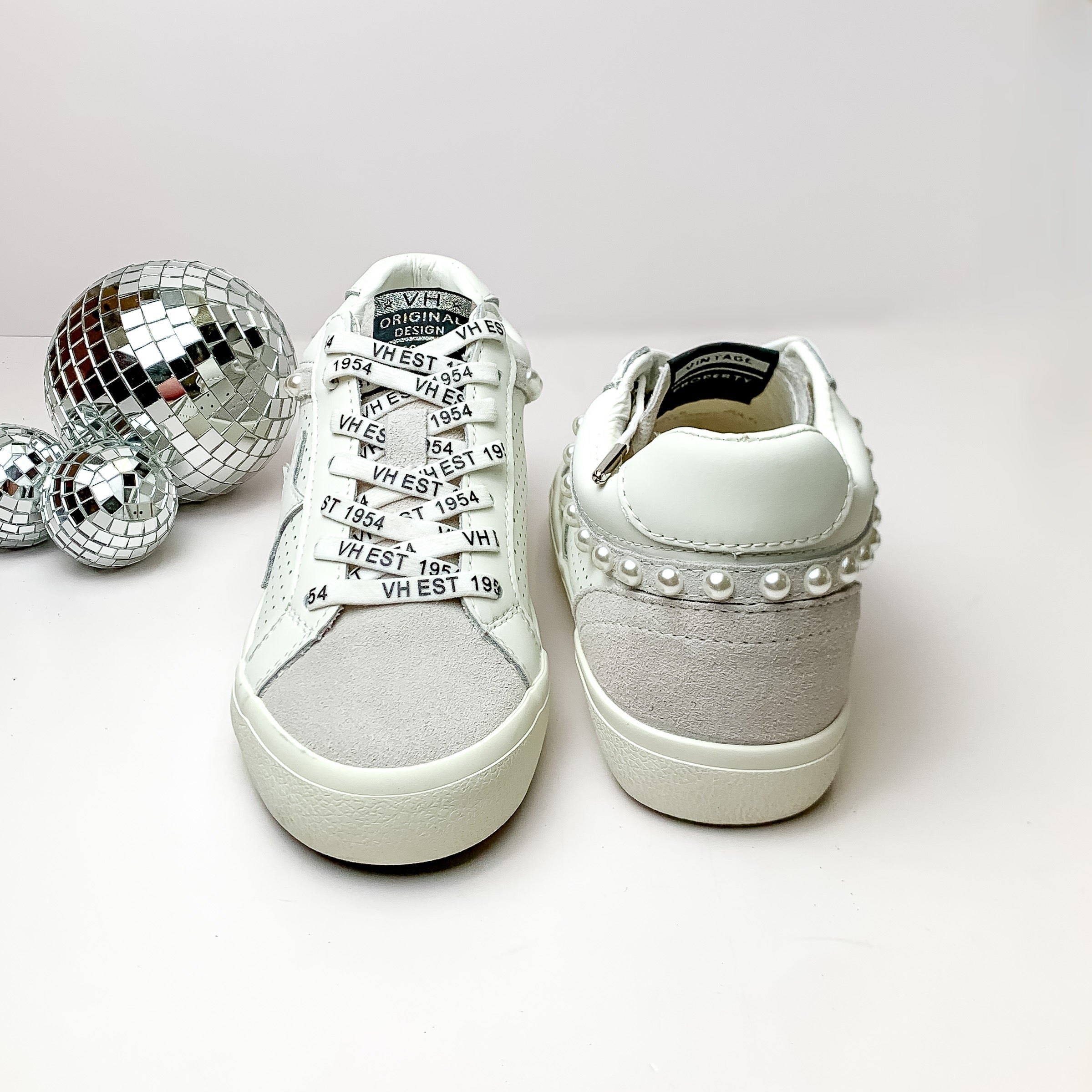 Vintage Havana | Peni Sneakers with Faux Pearl Outline in White and Grey Multi - Giddy Up Glamour Boutique