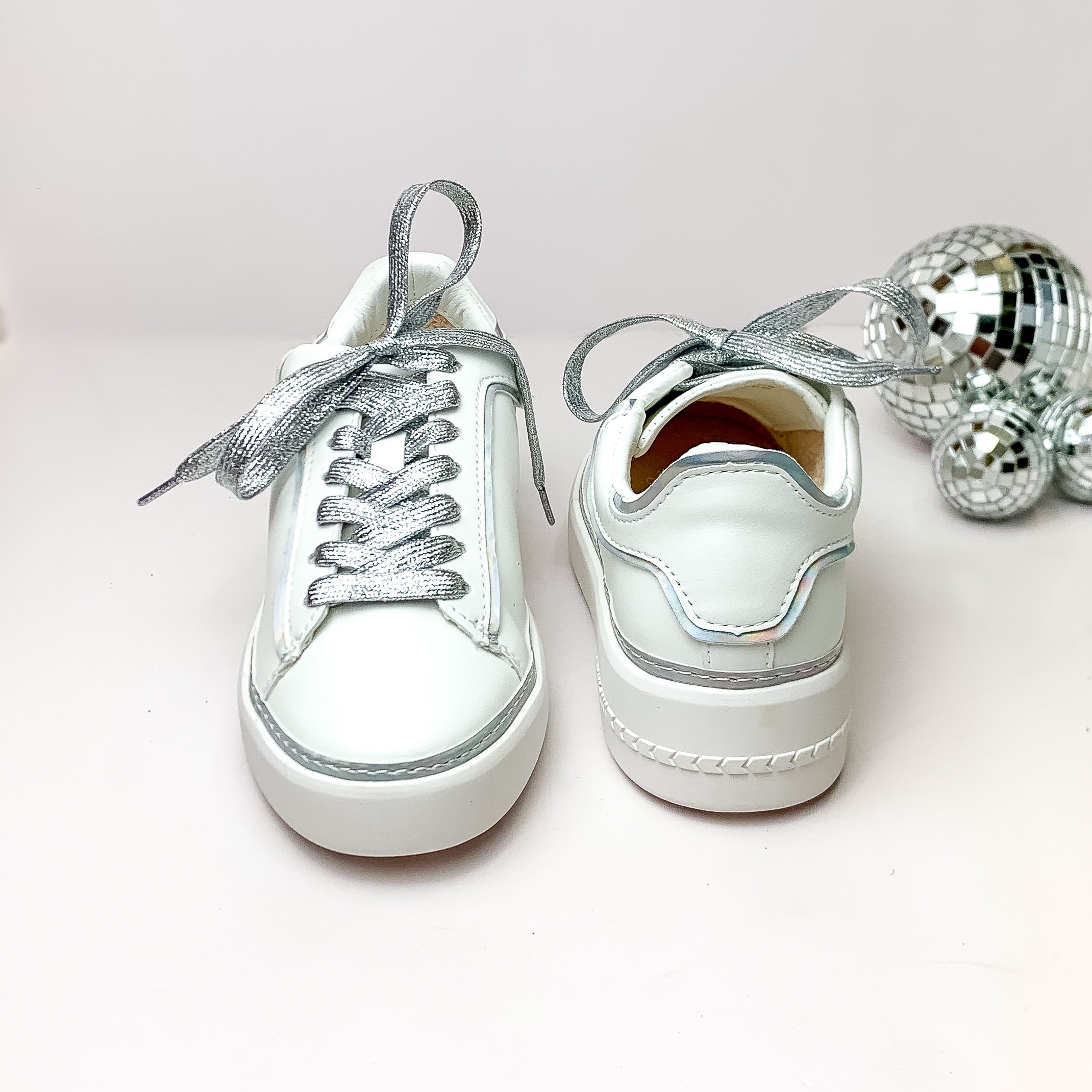 Vintage Havana | Reflection Sneakers with Silver Iridescent Outline in White - Giddy Up Glamour Boutique