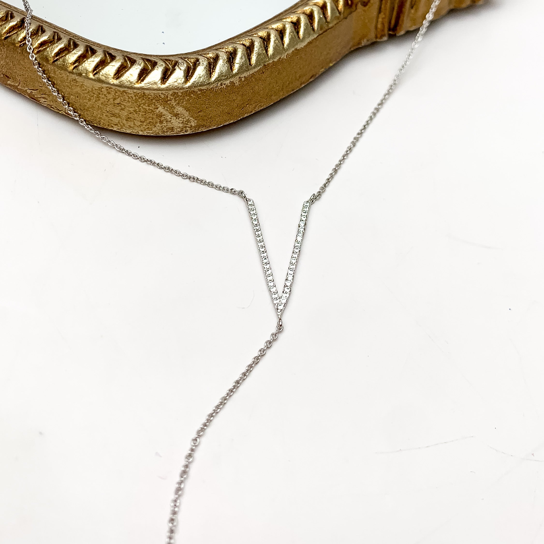 Here For It Silver Tone Y Necklace With Clear Crystals - Giddy Up Glamour Boutique