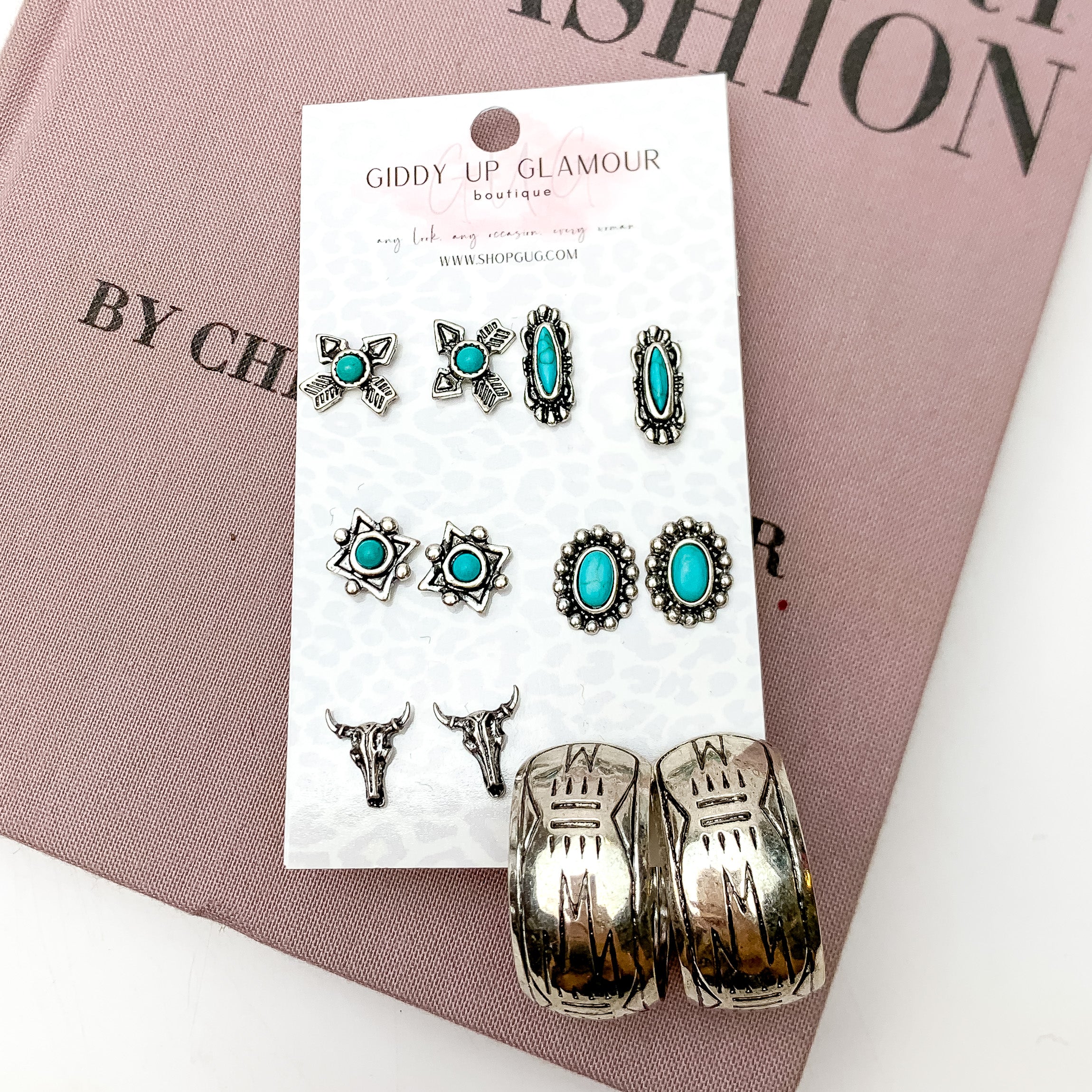Set of Six | Turquoise Blue and Silver Tone Western Design Stud Earrings - Giddy Up Glamour Boutique