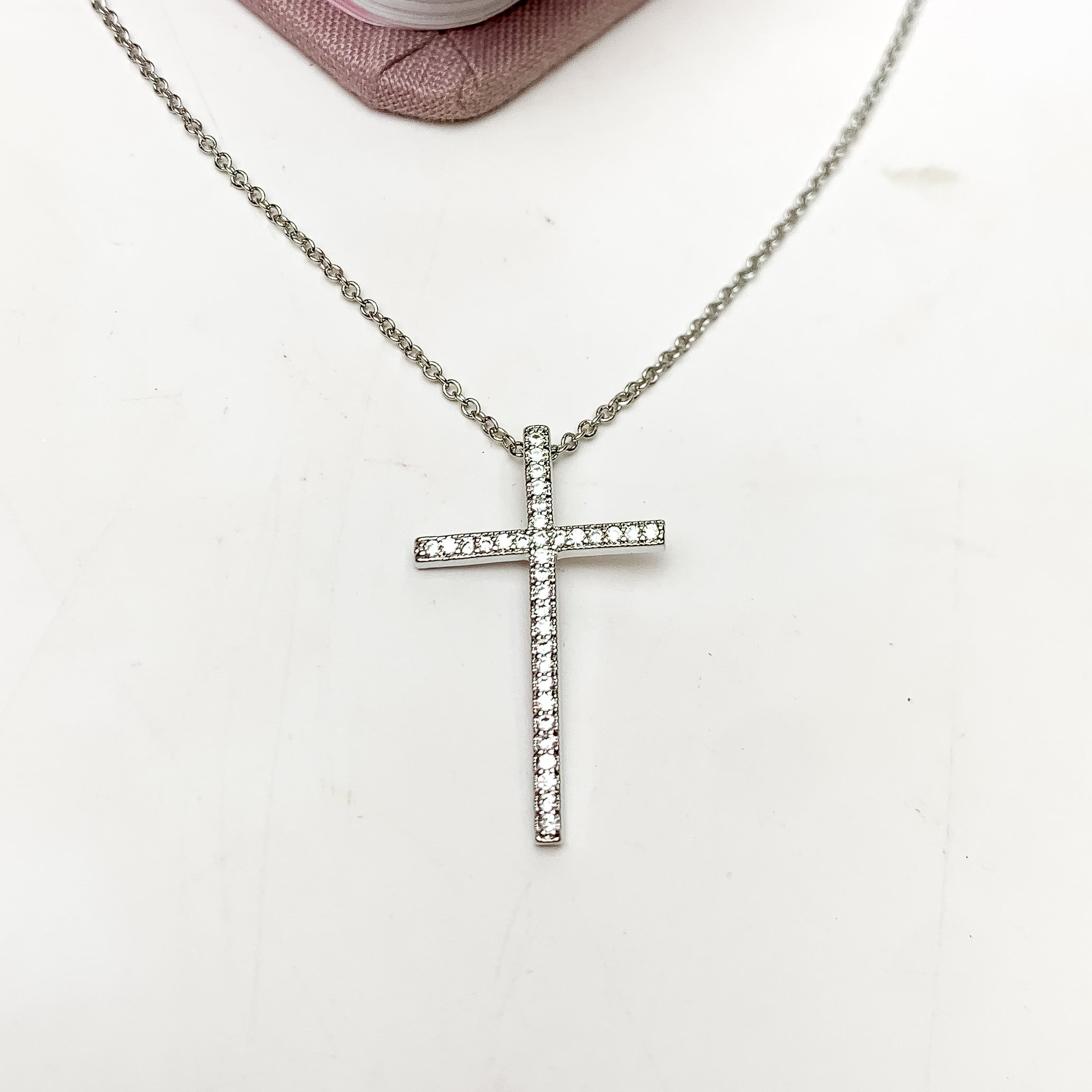 Silver Tone Chain Necklace With Clear Crystal Cross - Giddy Up Glamour Boutique