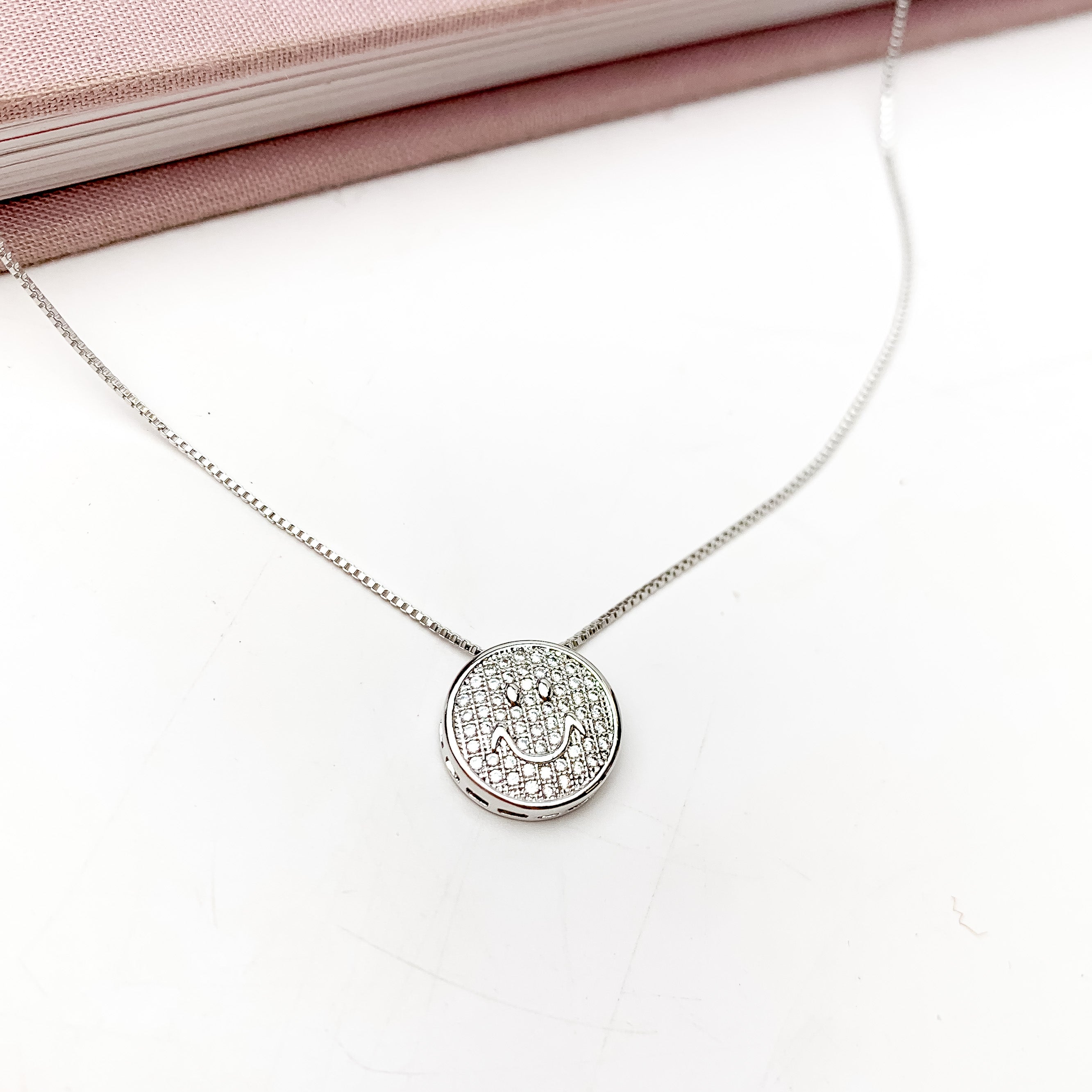 Silver Tone Chain Necklace With Clear Crystal Smiley Face - Giddy Up Glamour Boutique