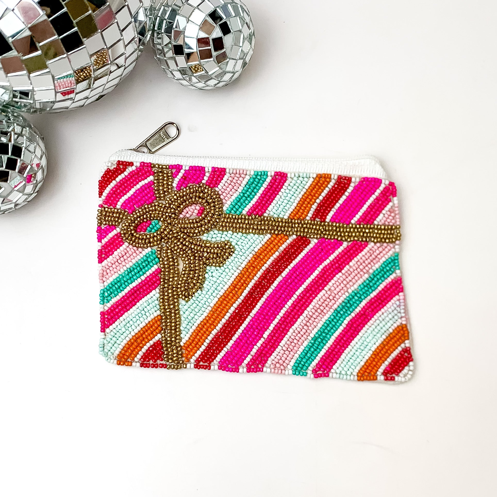 Striped Beaded Coin Purse with Gold Ribbon in Multicolor - Giddy Up Glamour Boutique