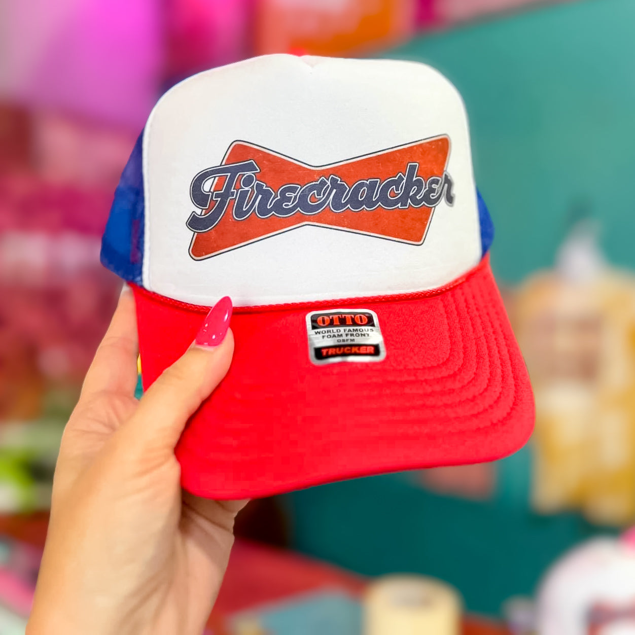 Online Exclusive | Firecracker Foam Trucker Cap in Red, White, & Blue - Giddy Up Glamour Boutique
