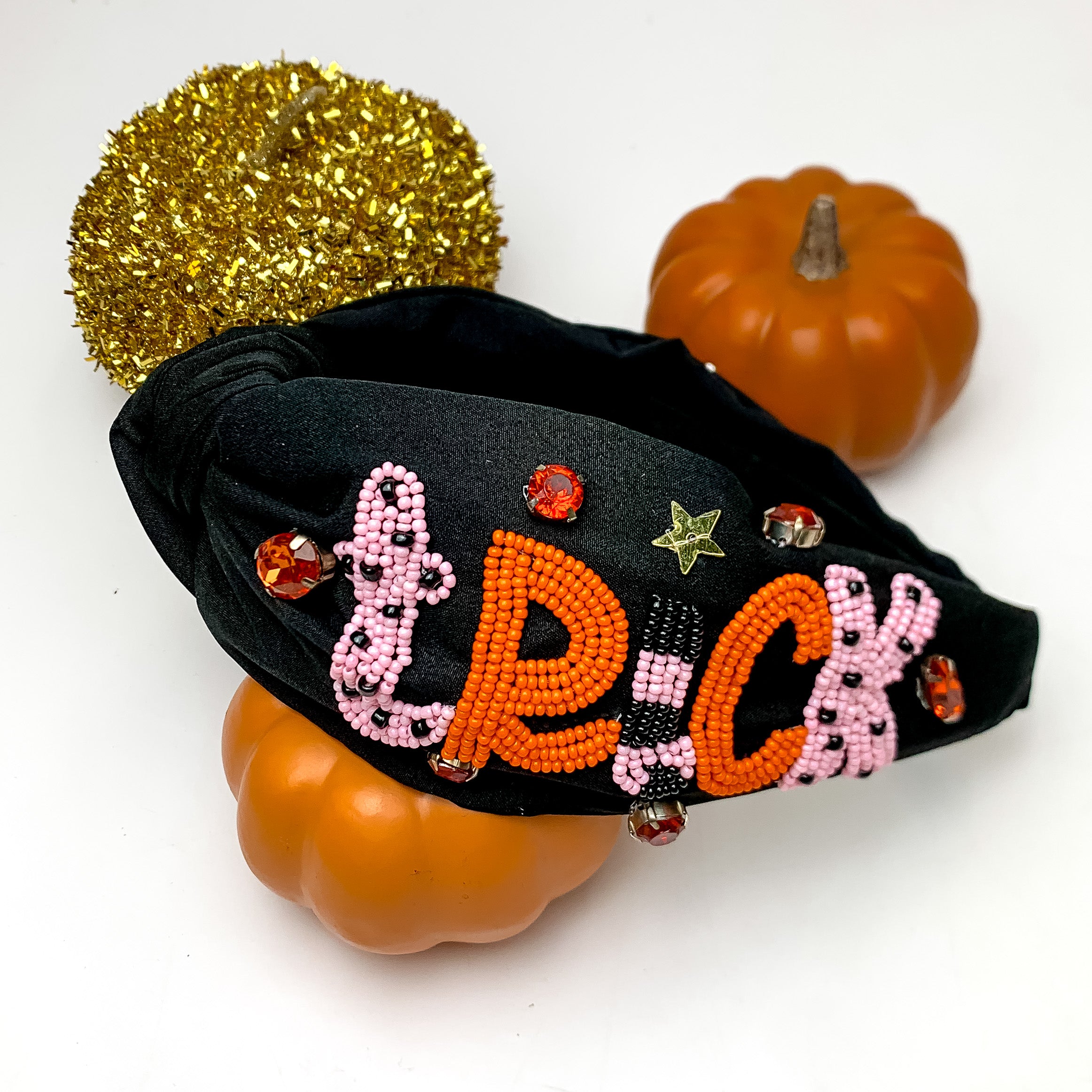 "Trick or Treat" Orange and Pink Beaded Headband in Black - Giddy Up Glamour Boutique