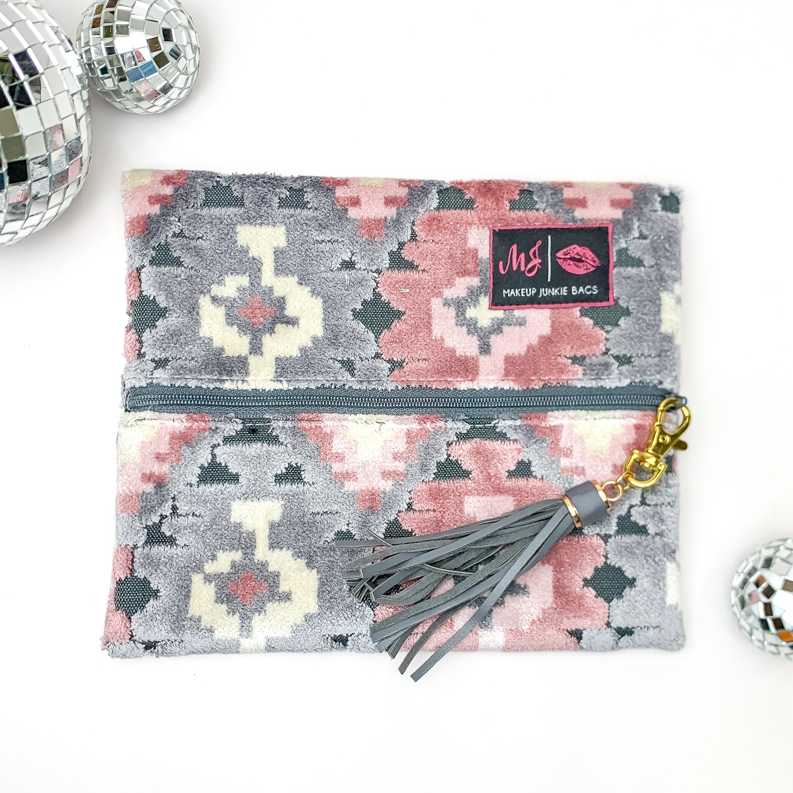 Makeup Junkie | Small Blush Aztec Lay Flat Bag in Blush Pink and Grey Mix - Giddy Up Glamour Boutique