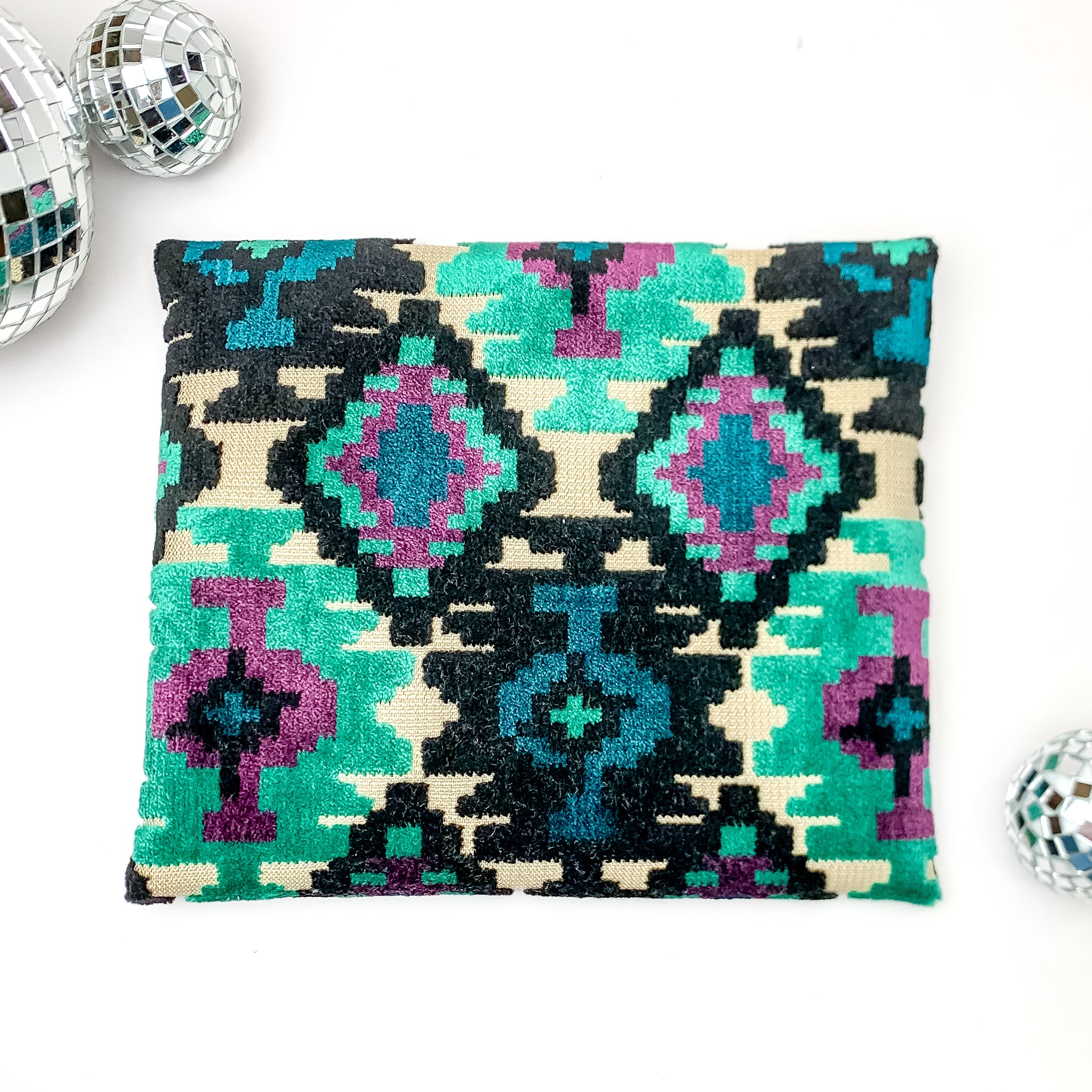 Makeup Junkie | Small Midnight Aztec Lay Flat Bag in Turquoise Green and Black Mix - Giddy Up Glamour Boutique