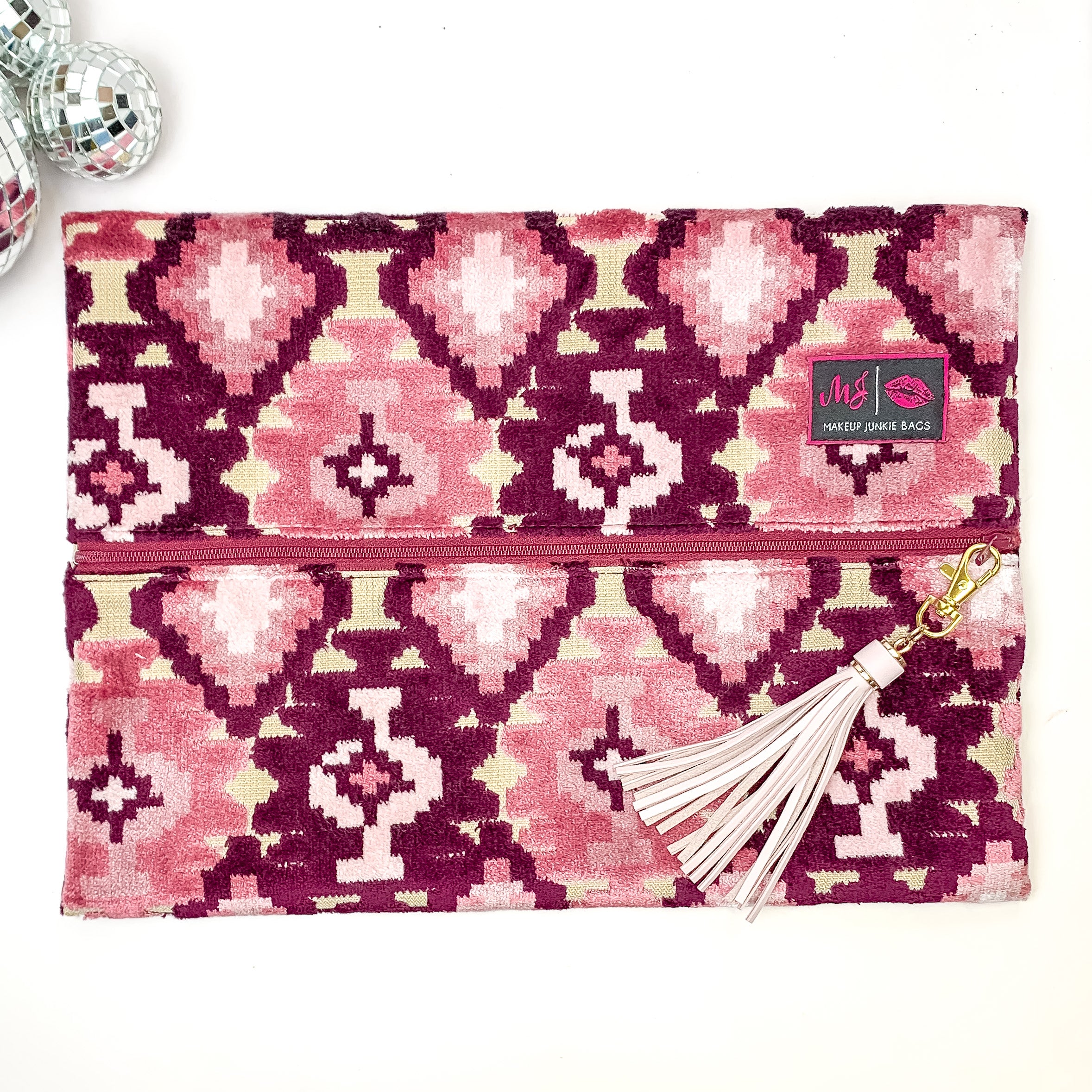 Makeup Junkie | Large Maroon Aztec Lay Flat Bag in Maroon and Pink Mix - Giddy Up Glamour Boutique