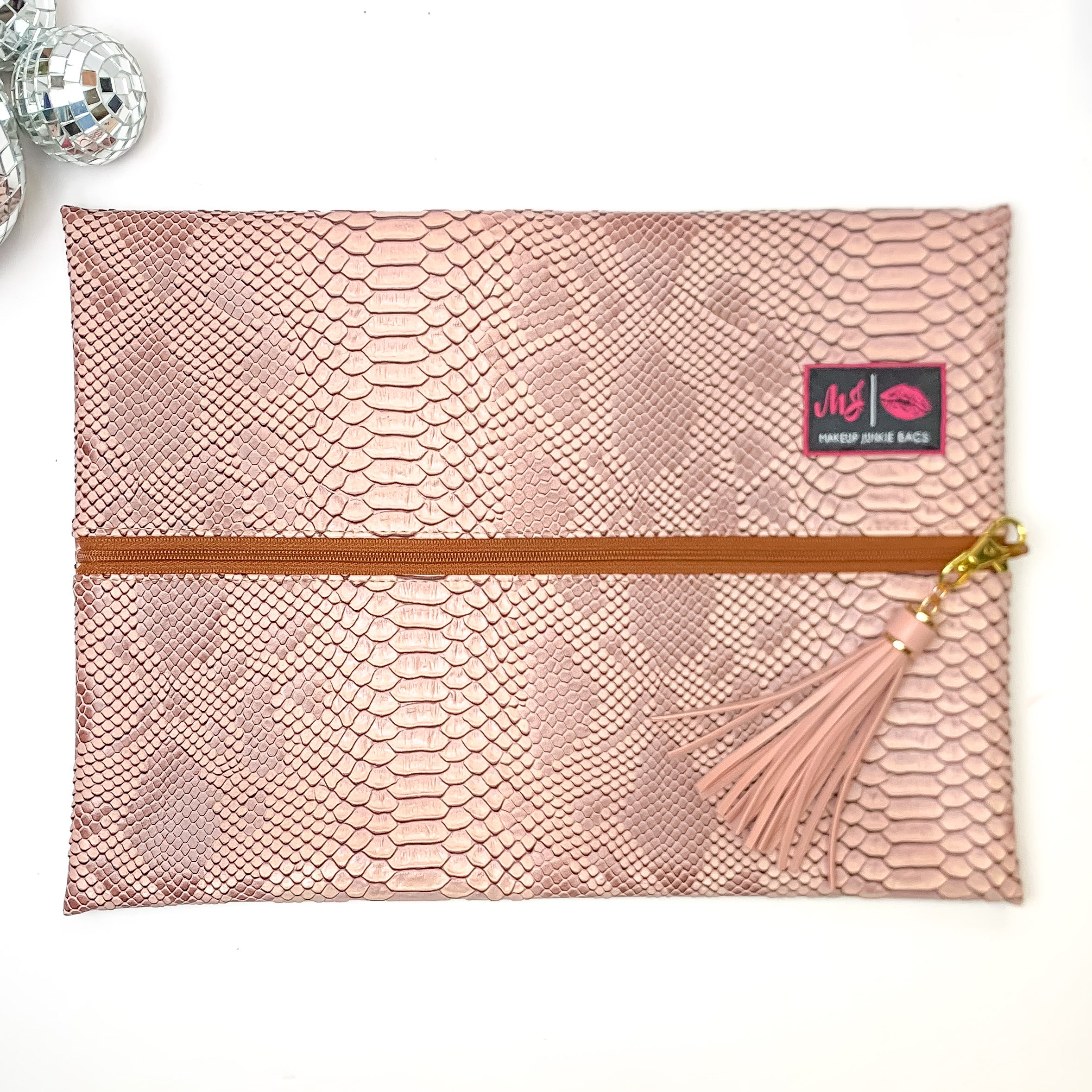 Makeup Junkie | Large Copperazzi Lay Flat Bag in Dusty Pink Snake Print - Giddy Up Glamour Boutique