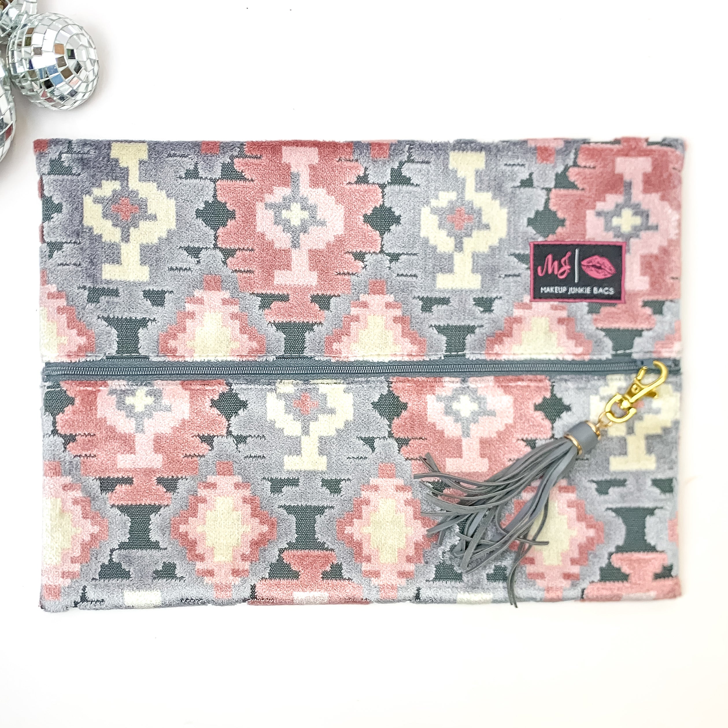 Makeup Junkie | Large Blush Aztec Lay Flat Bag in Blush Pink and Grey Mix - Giddy Up Glamour Boutique