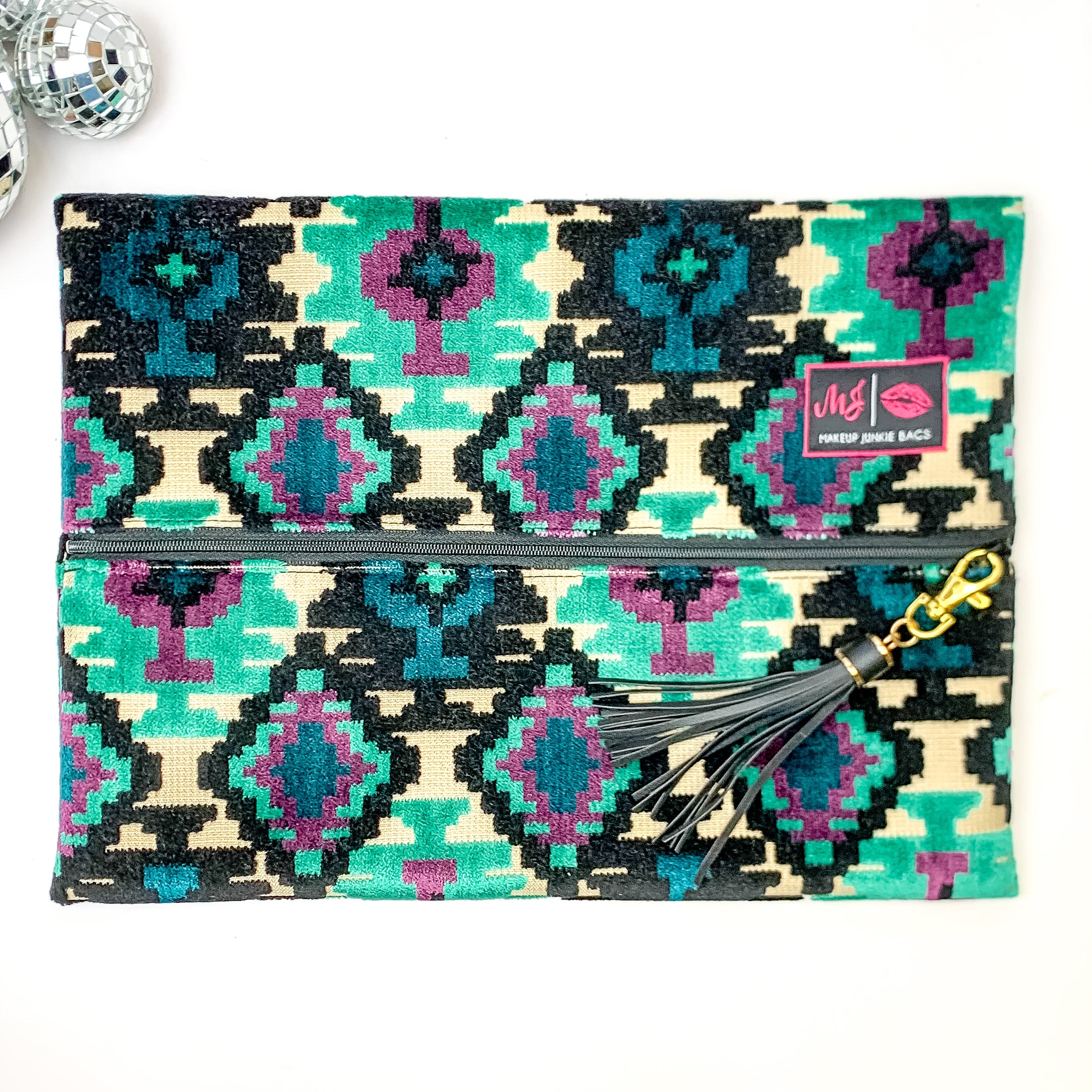Makeup Junkie | Large Midnight Aztec Lay Flat Bag in Turquoise Green and Black Mix - Giddy Up Glamour Boutique