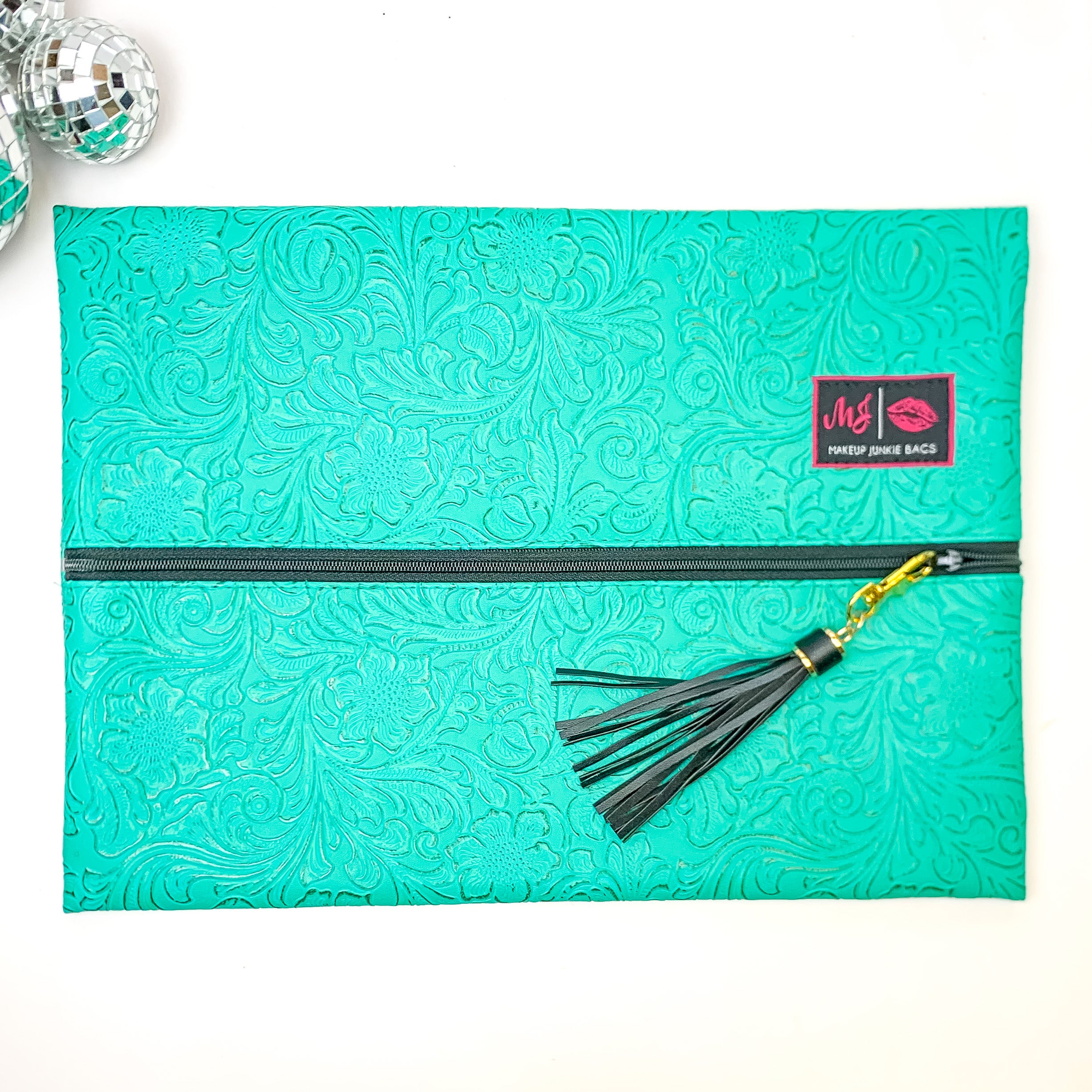 Makeup Junkie | Large Turquoise Dream Lay Flat Bag in Turquoise Green Tooled Print - Giddy Up Glamour Boutique