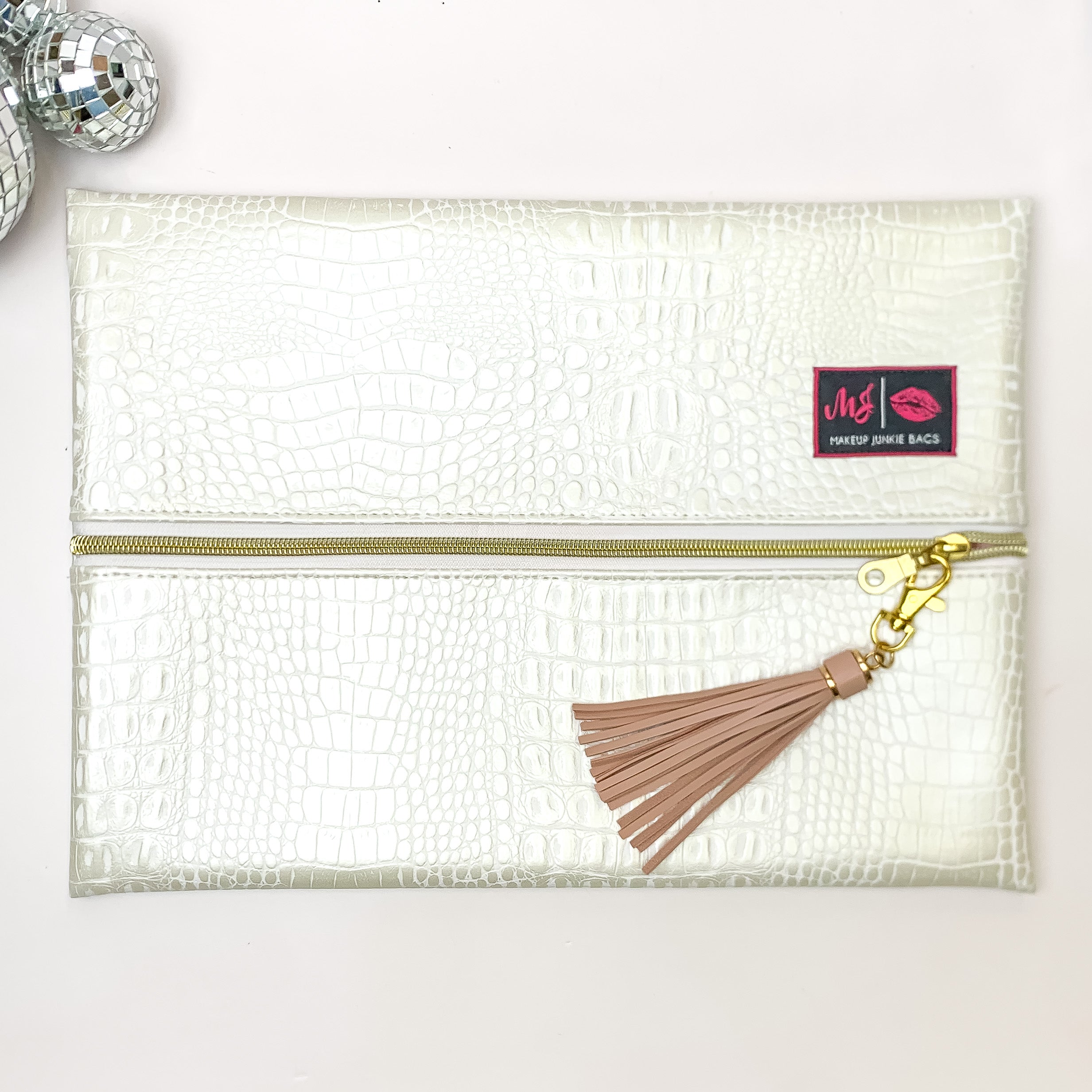 Makeup Junkie | Large Shade of Pearl Lay Flat Bag in Pearl White Croc Print - Giddy Up Glamour Boutique
