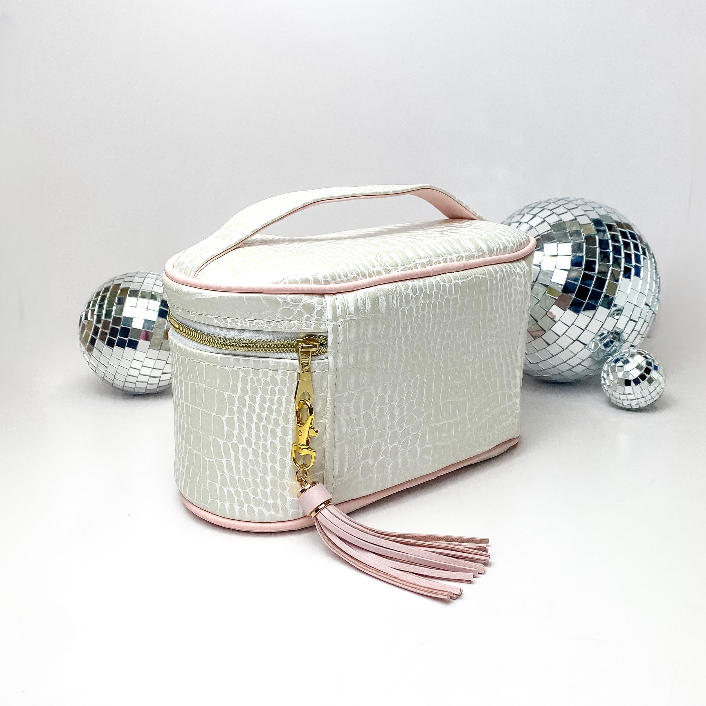 Makeup Junkie | Small Shade of Pearl Train Case in Pearl White Croc Print - Giddy Up Glamour Boutique