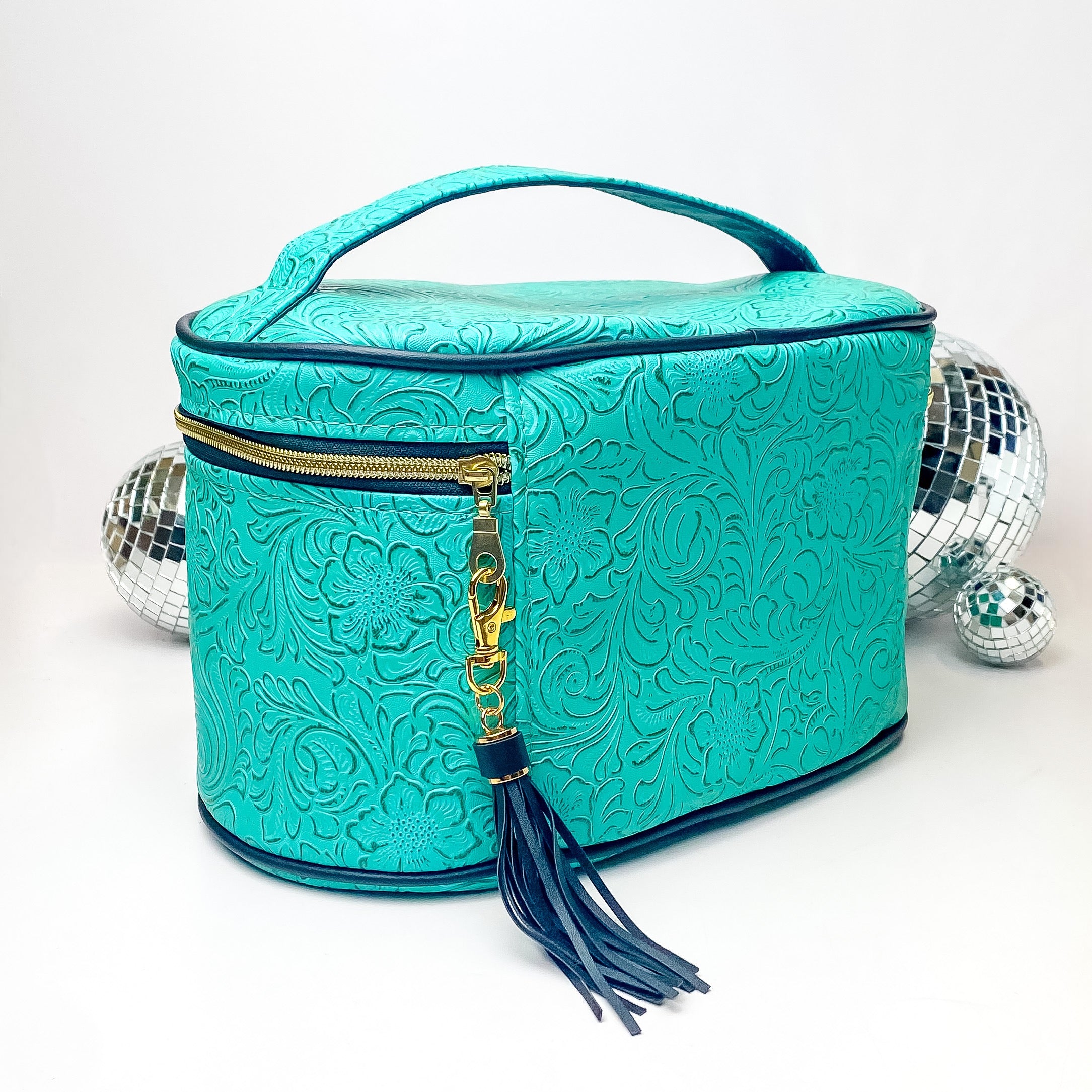 Makeup Junkie | Large Turquoise Dream Train Case in Turquoise Green Tooled Print - Giddy Up Glamour Boutique