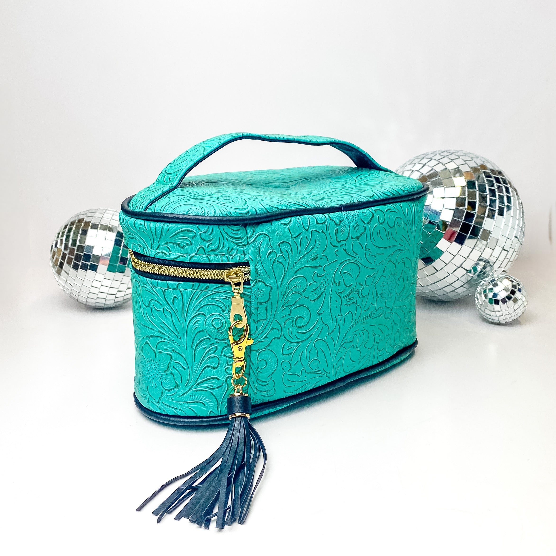 Makeup Junkie | Medium Turquoise Dream Train Case in Turquoise Green Tooled Print - Giddy Up Glamour Boutique
