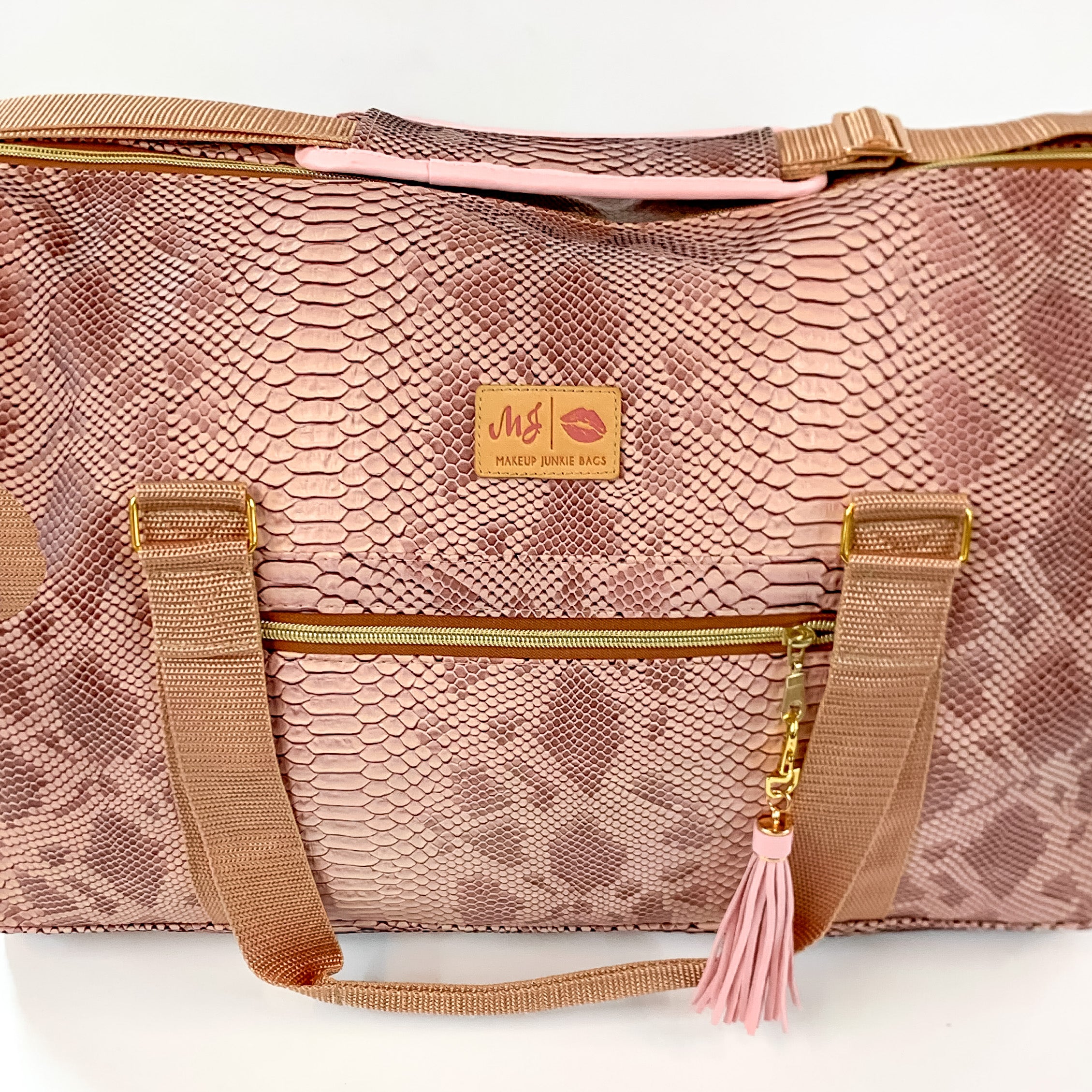 Makeup Junkie | Copperazzi Duffel Bag in Dusty Pink Snake Print - Giddy Up Glamour Boutique