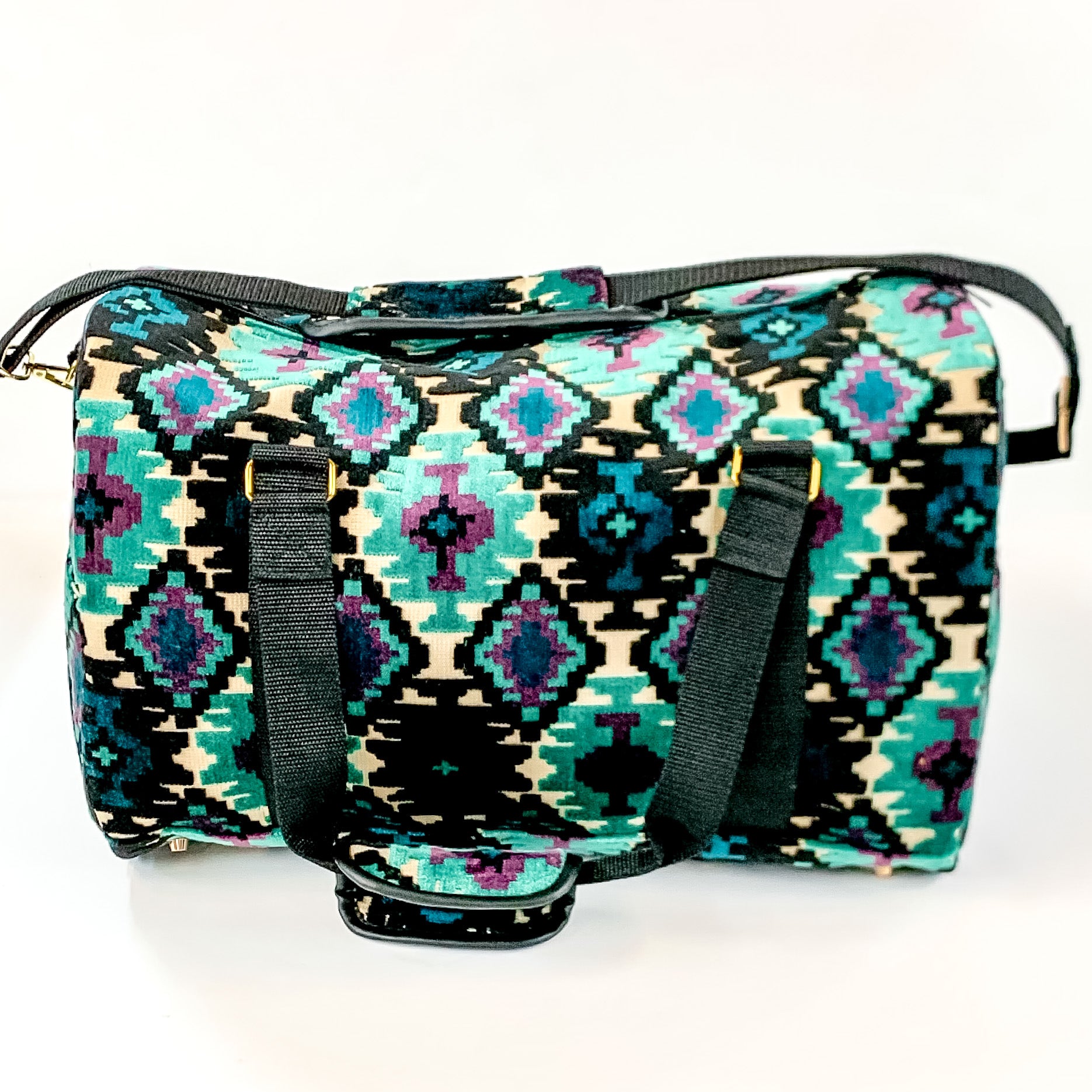 Makeup Junkie | Midnight Aztec Duffel Bag in Turquoise Green and Black Mix - Giddy Up Glamour Boutique