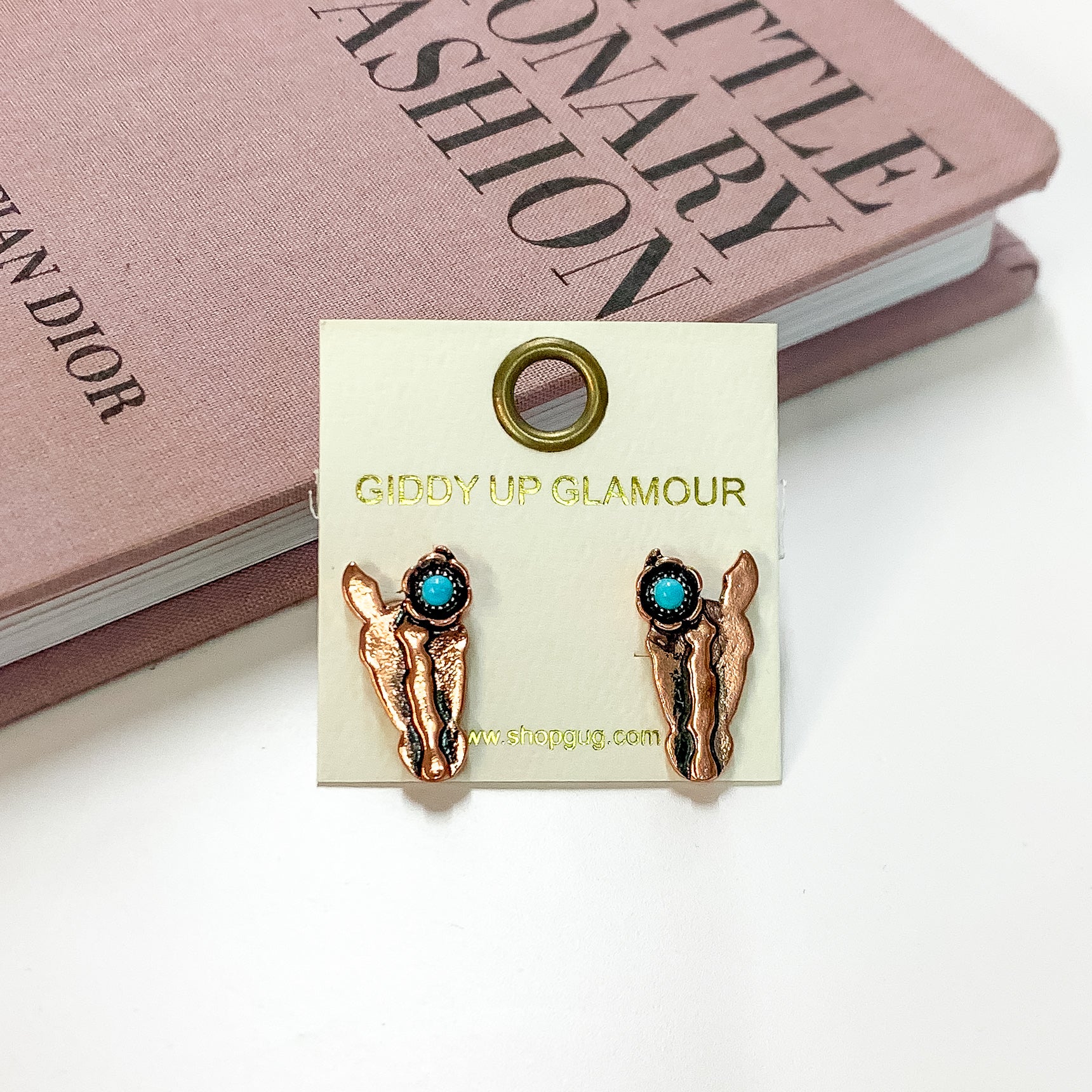 Copper Tone Horse Head Stud Earrings with Turquoise Blue Stones - Giddy Up Glamour Boutique
