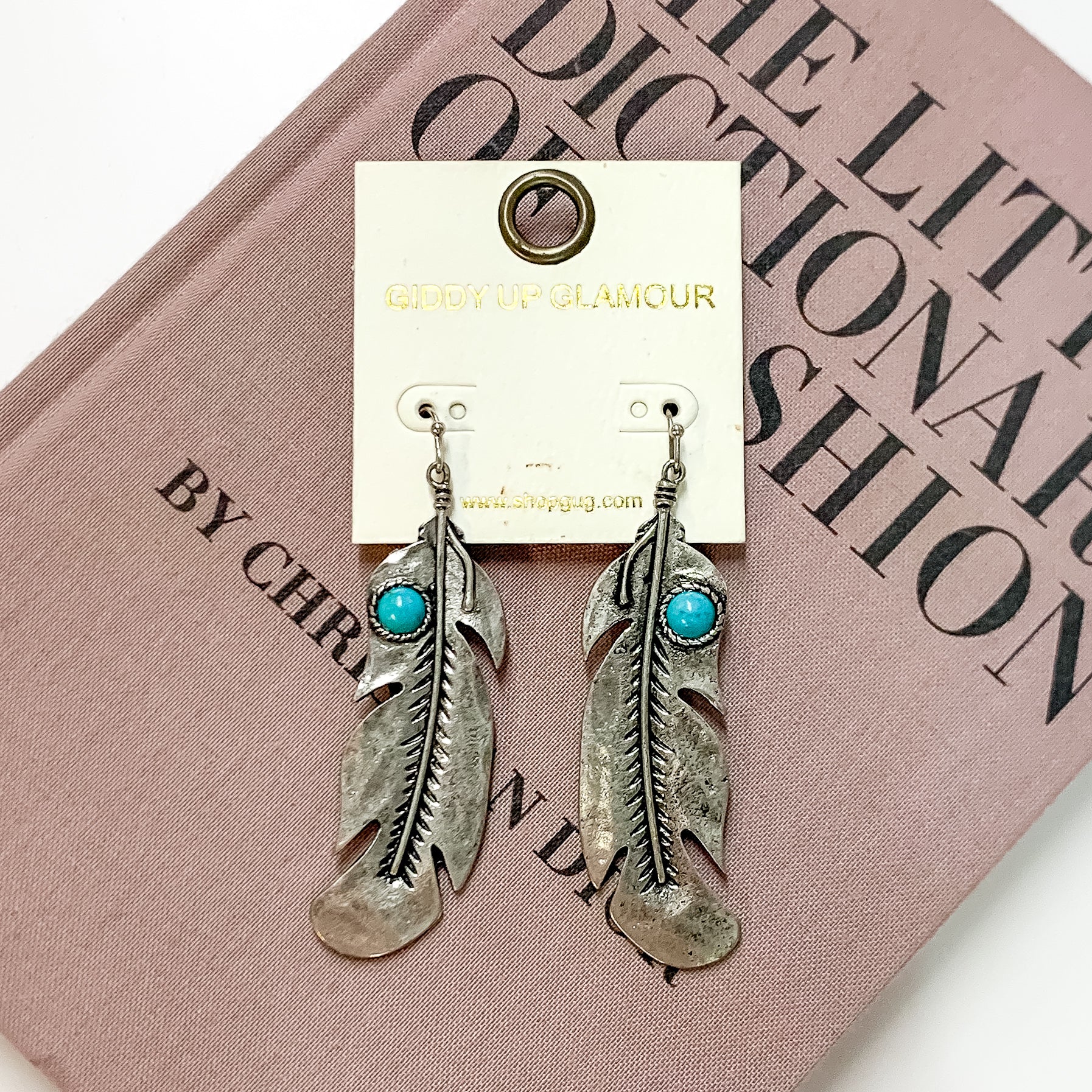 Silver Tone Feather Drop Earrings with Turquoise Blue Stones