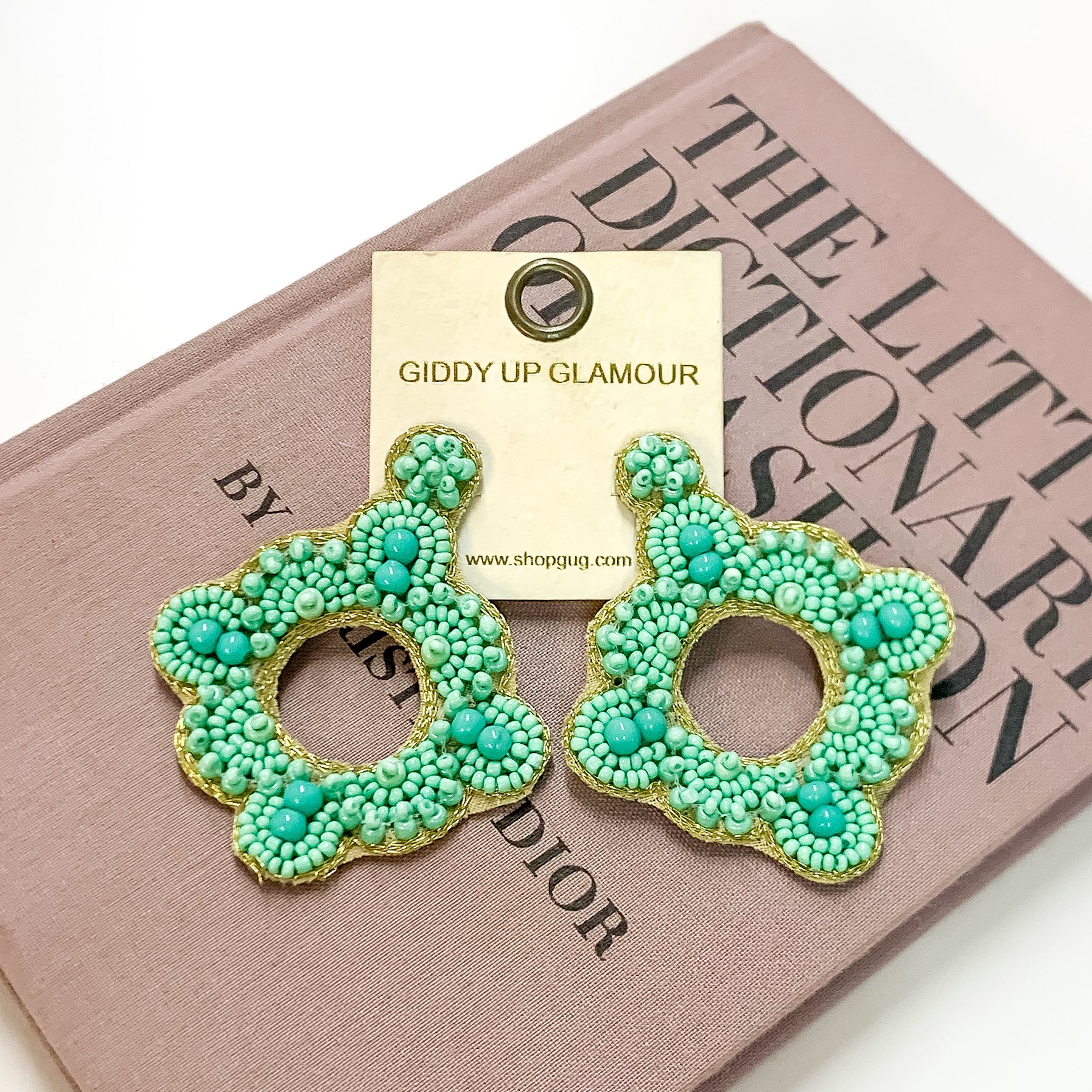 Turquoise Green Beaded Diamond Shaped Statement Earrings - Giddy Up Glamour Boutique