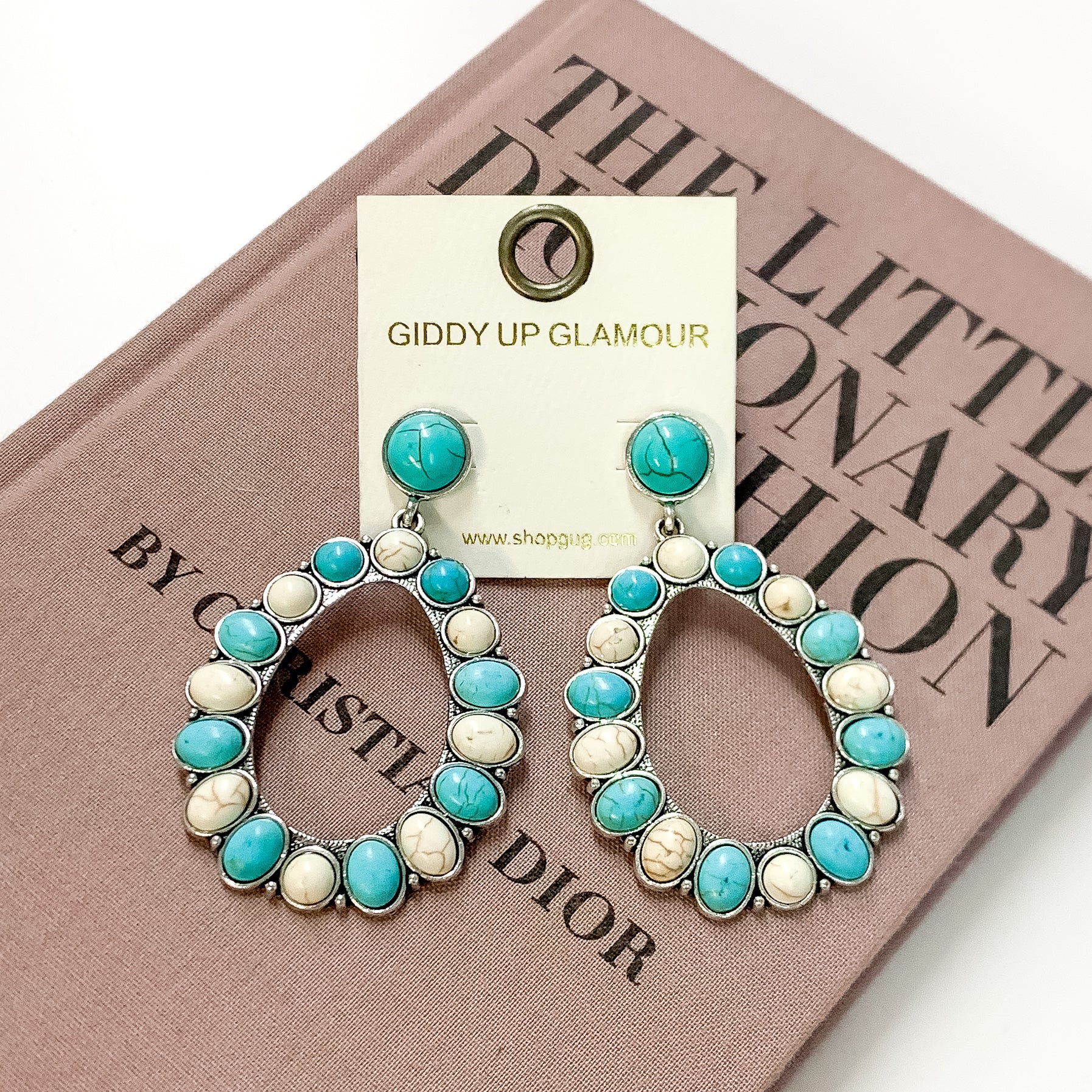 Circle Post Earrings and Open Teardrop Pendant with Turquoise Blue and White Stones - Giddy Up Glamour Boutique