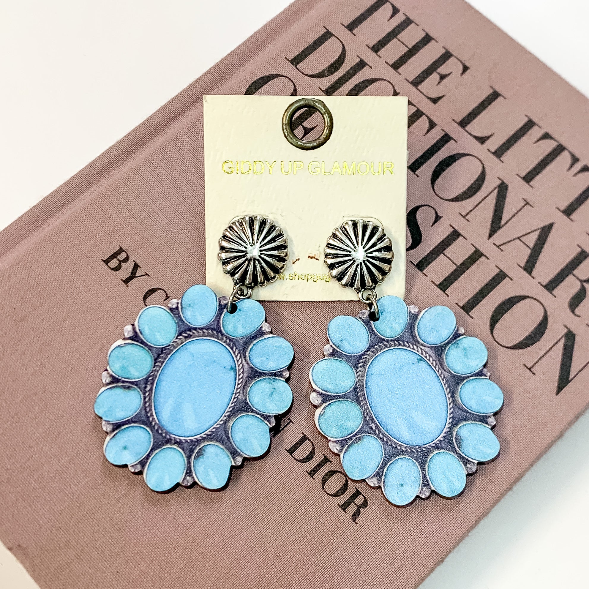 Western Wood Concho Post Earrings in Turquoise Blue - Giddy Up Glamour Boutique