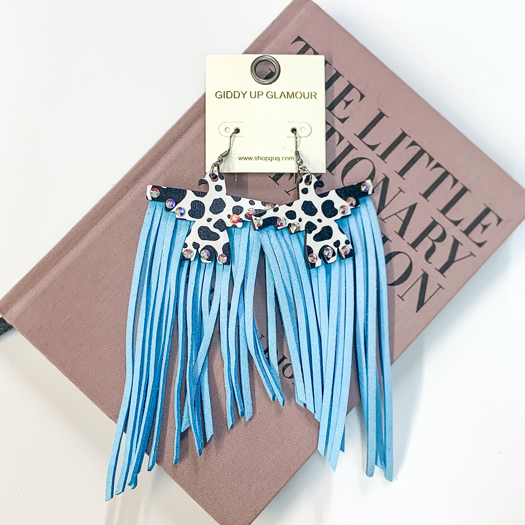 Cow Print Thunderbird Wood Earrings with Turquoise Blue Tassels - Giddy Up Glamour Boutique