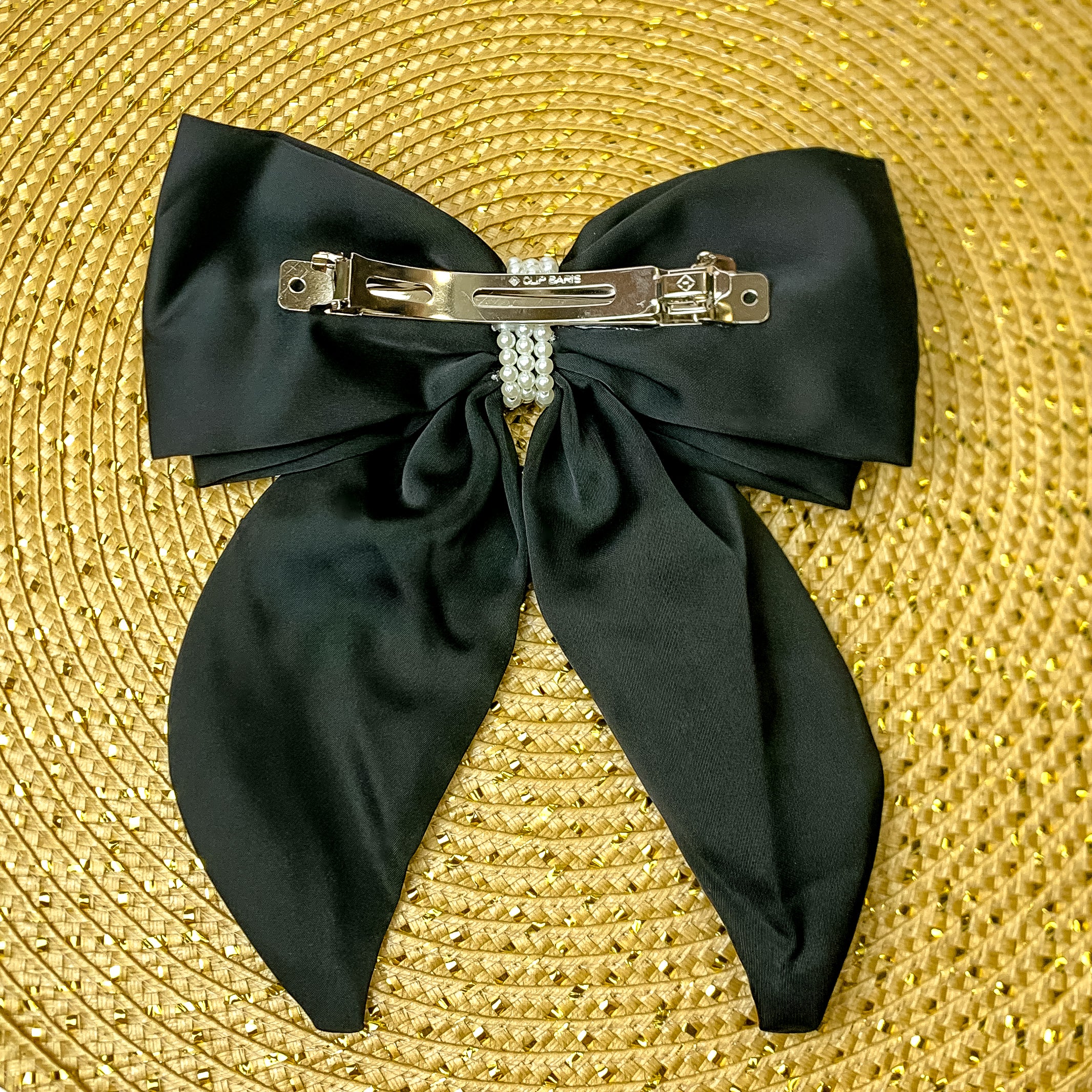 Miss Me Layered Bow with Pearl Center in Black - Giddy Up Glamour Boutique