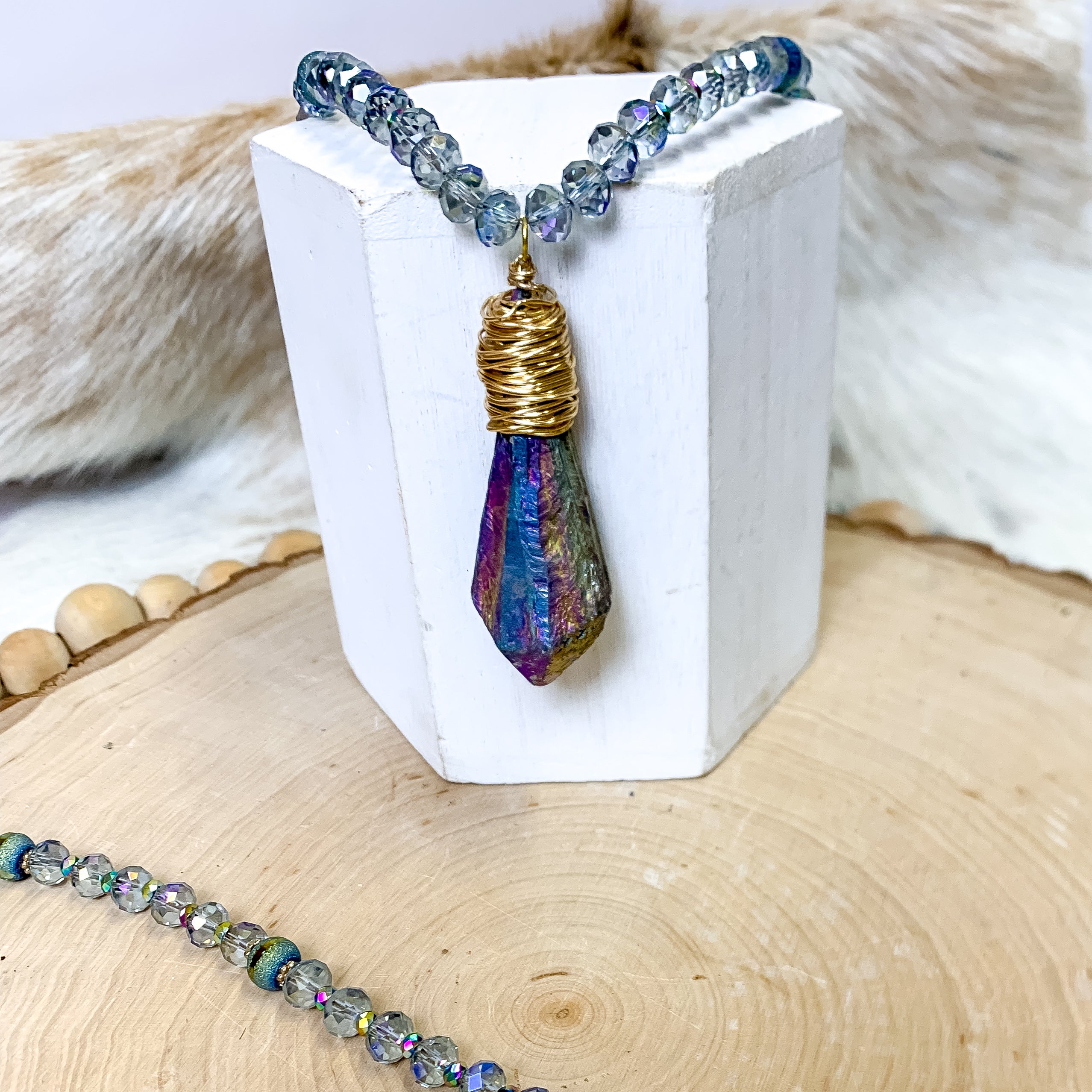 Crystal Beaded Necklace with Chunky Iridescent Aura Quartz Pendant