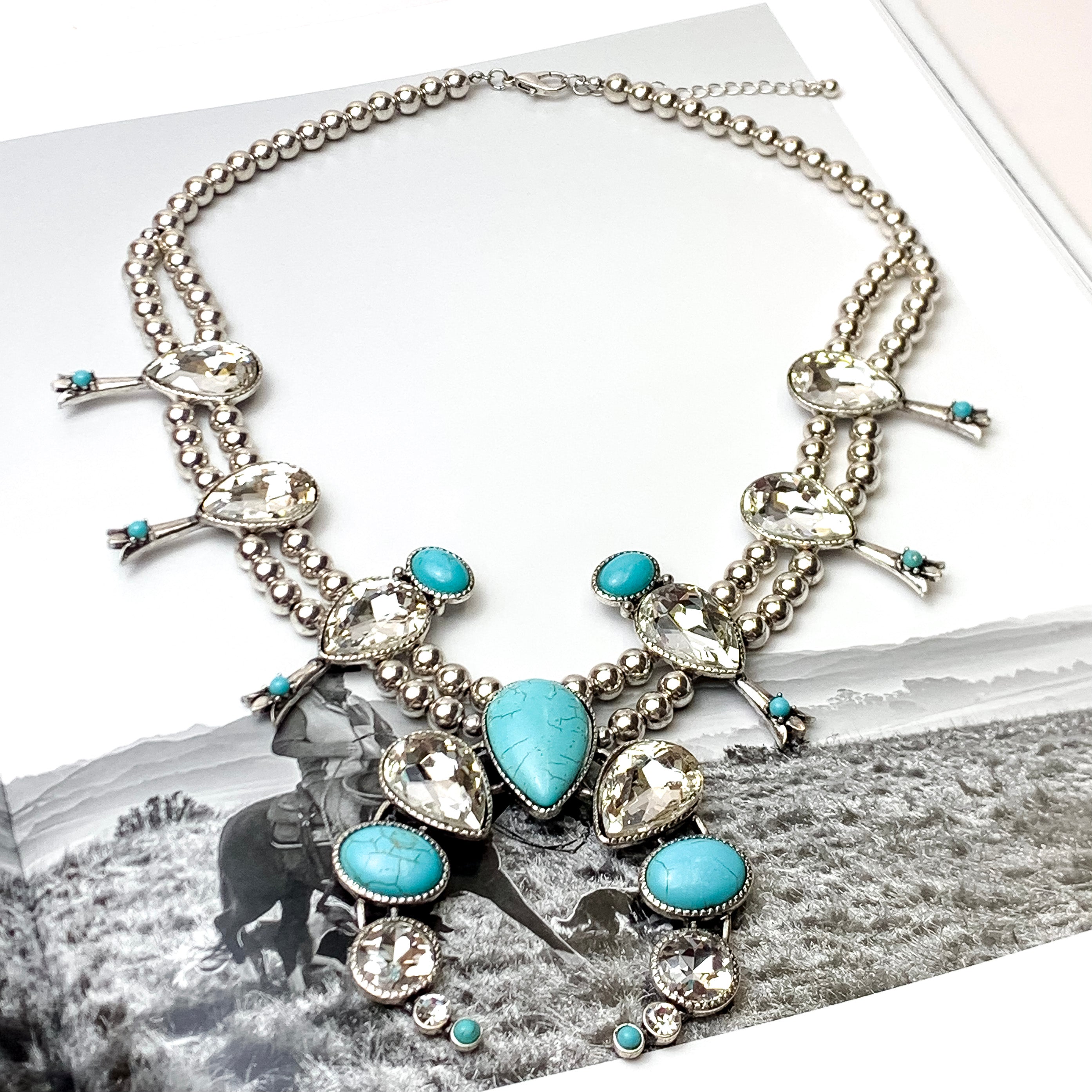 Double Strand Beaded Squash Blossom Necklace and Naja Pendant with Faux Turquoise Stones and Clear Crystals - Giddy Up Glamour Boutique