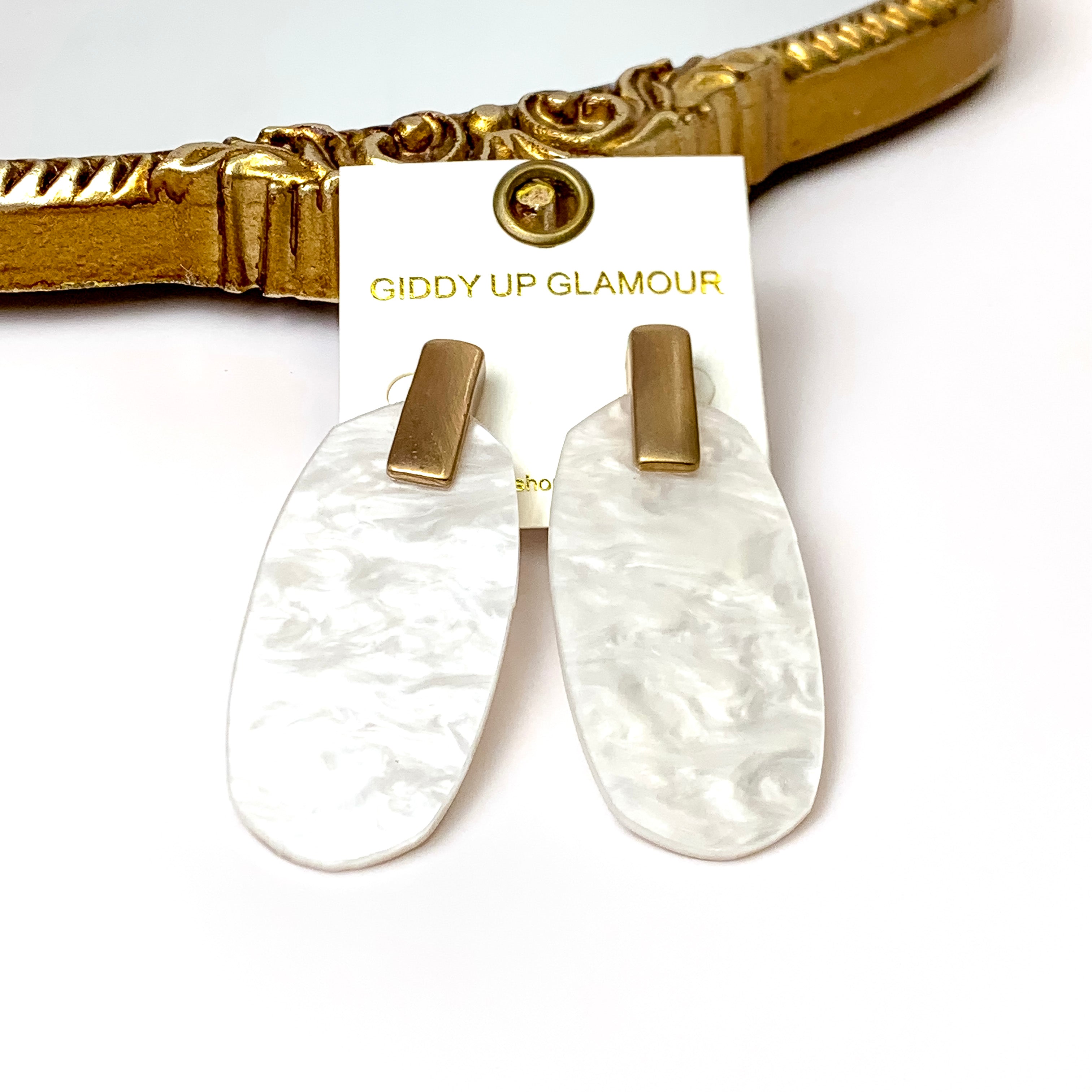 Gold Bar Post Enamel Swirl Oval Drop Earrings in Ivory - Giddy Up Glamour Boutique