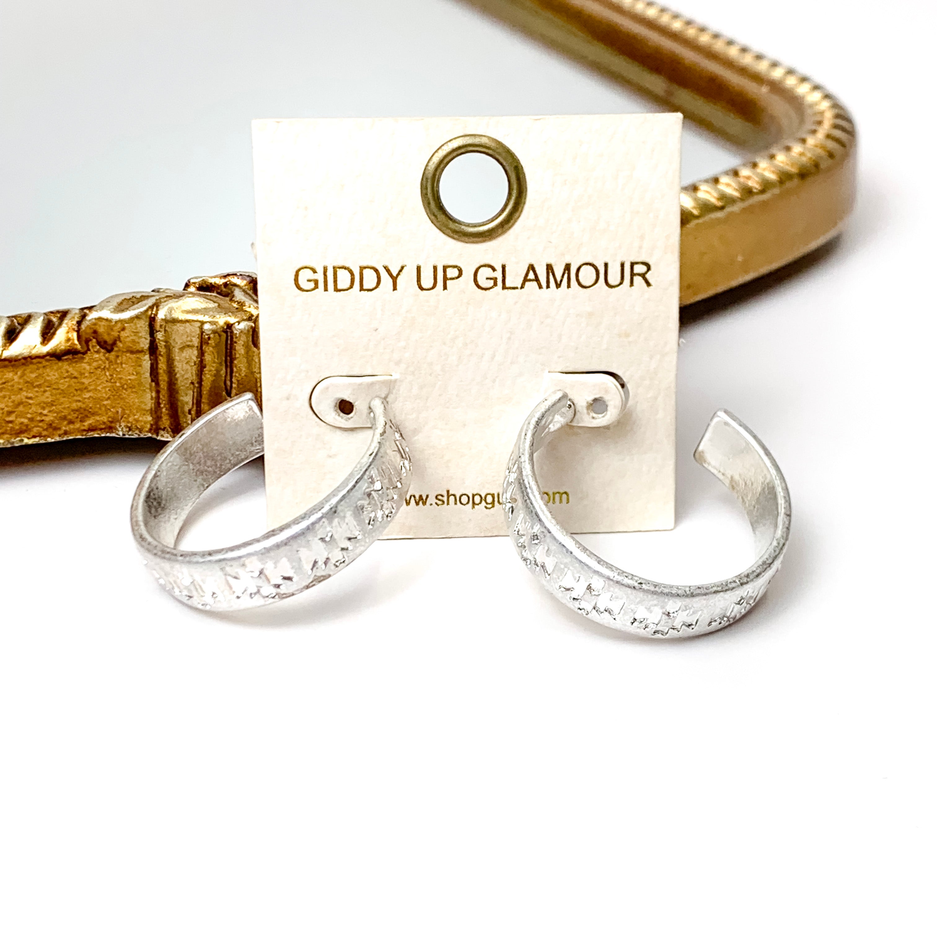 Aztec Engraved Thick Hoop Earrings in Silver - Giddy Up Glamour Boutique