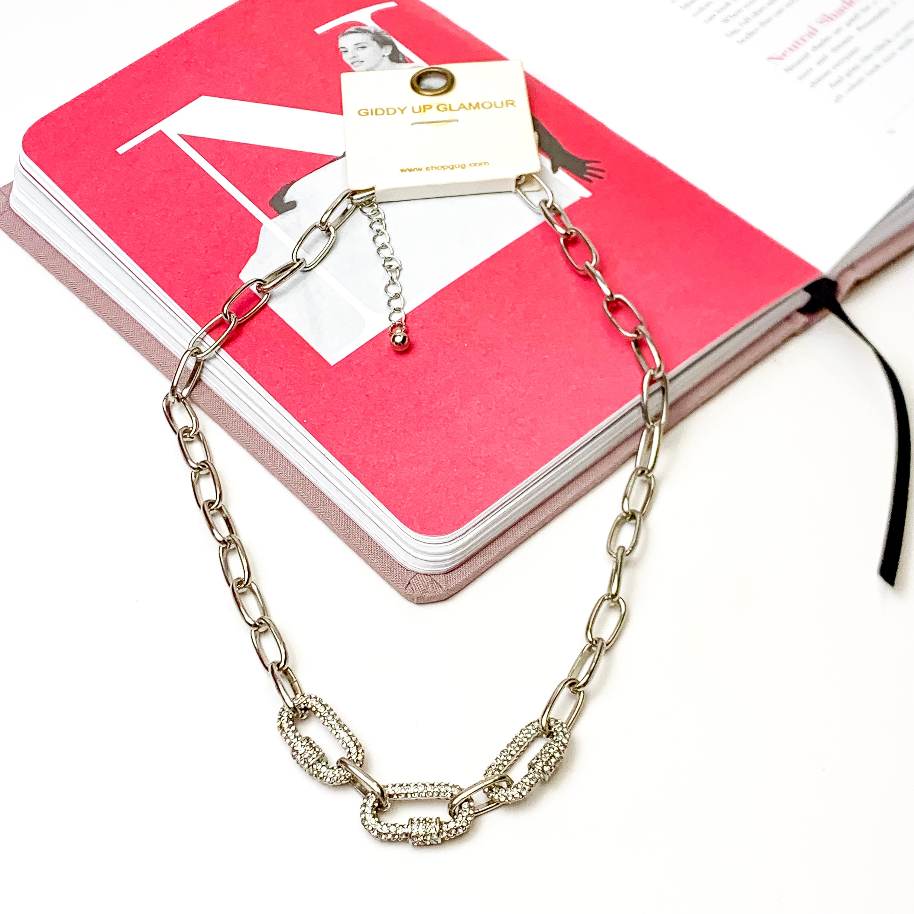 Paperclip Chain Necklace with Pave Carabiner Accents in Silver - Giddy Up Glamour Boutique