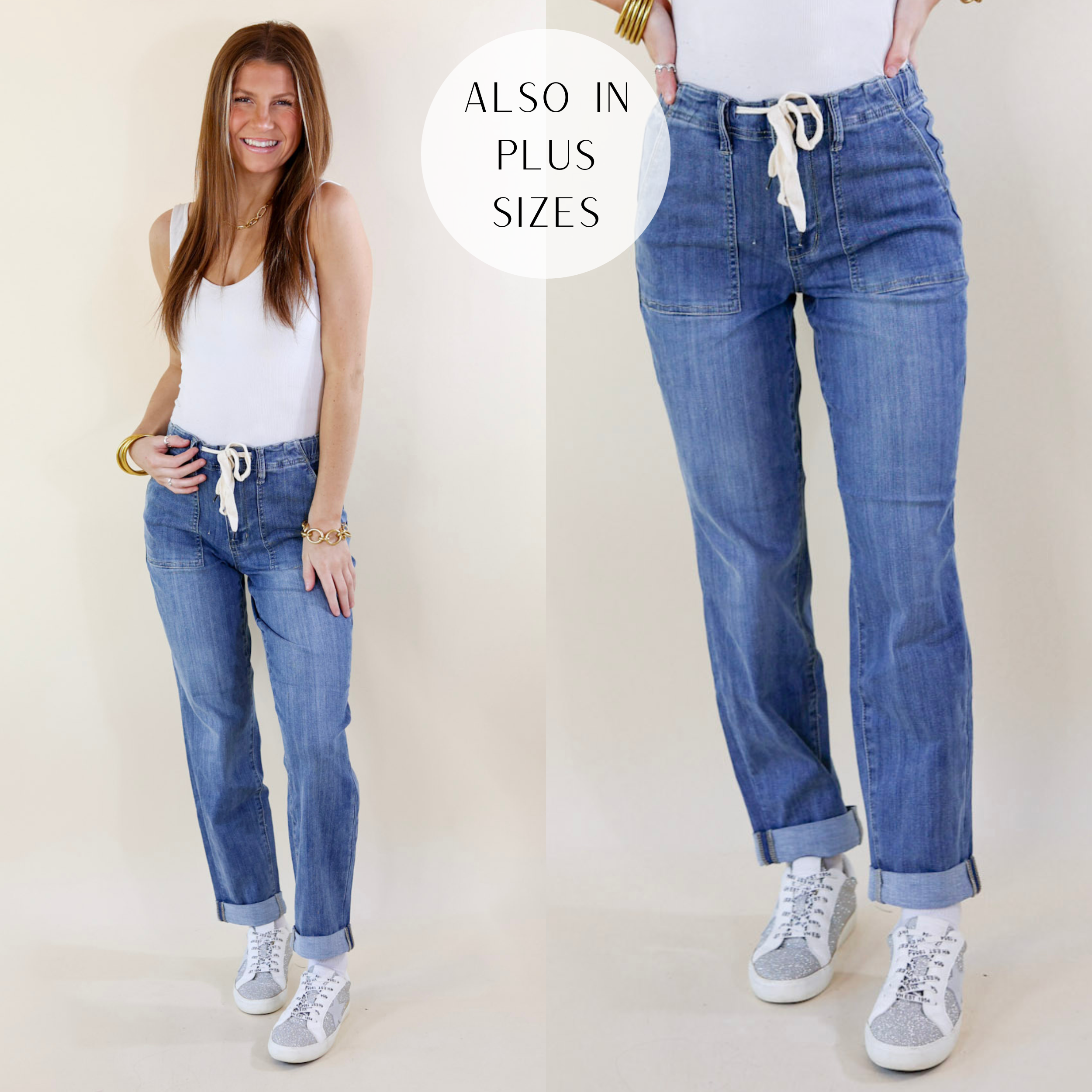 Judy Blue | Keep It A Secret Relaxed Pull on Jean Joggers with Cuffed Hem in Medium Wash - Giddy Up Glamour Boutique