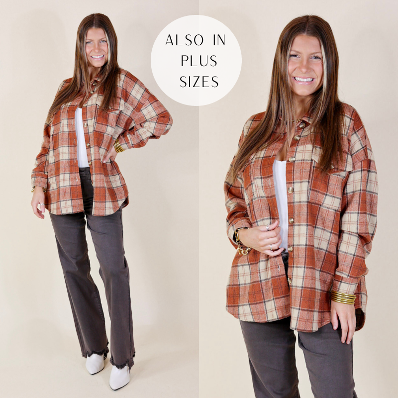 Model is wearing a burnt orange plaid shacket button up. Size small model has it paired with black Judy Blue Jeans, white booties, and gold BuDhaGirl bracelets.  