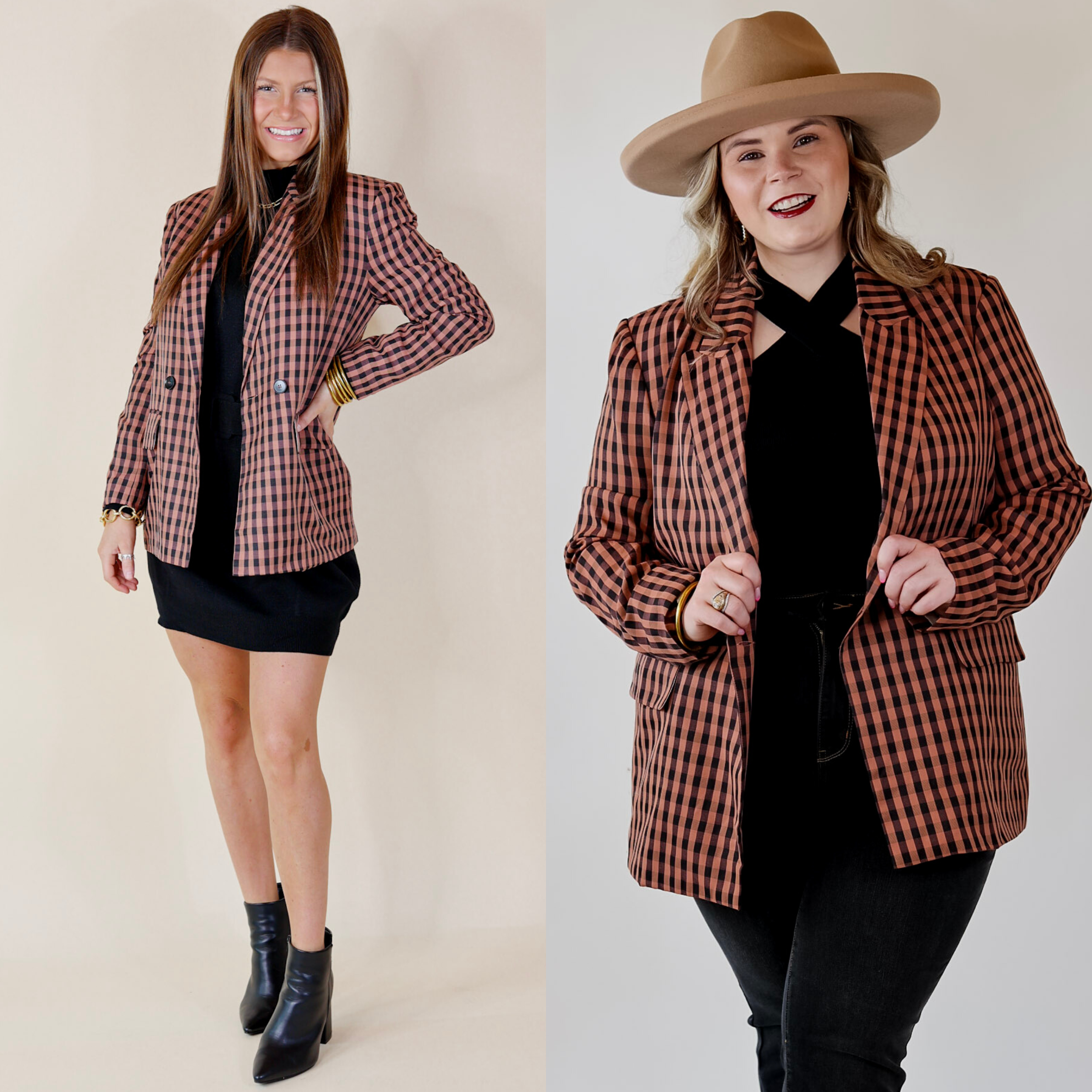 Coffee And Smiles Double Button Plaid Blazer with Long Sleeves in Terracotta - Giddy Up Glamour Boutique