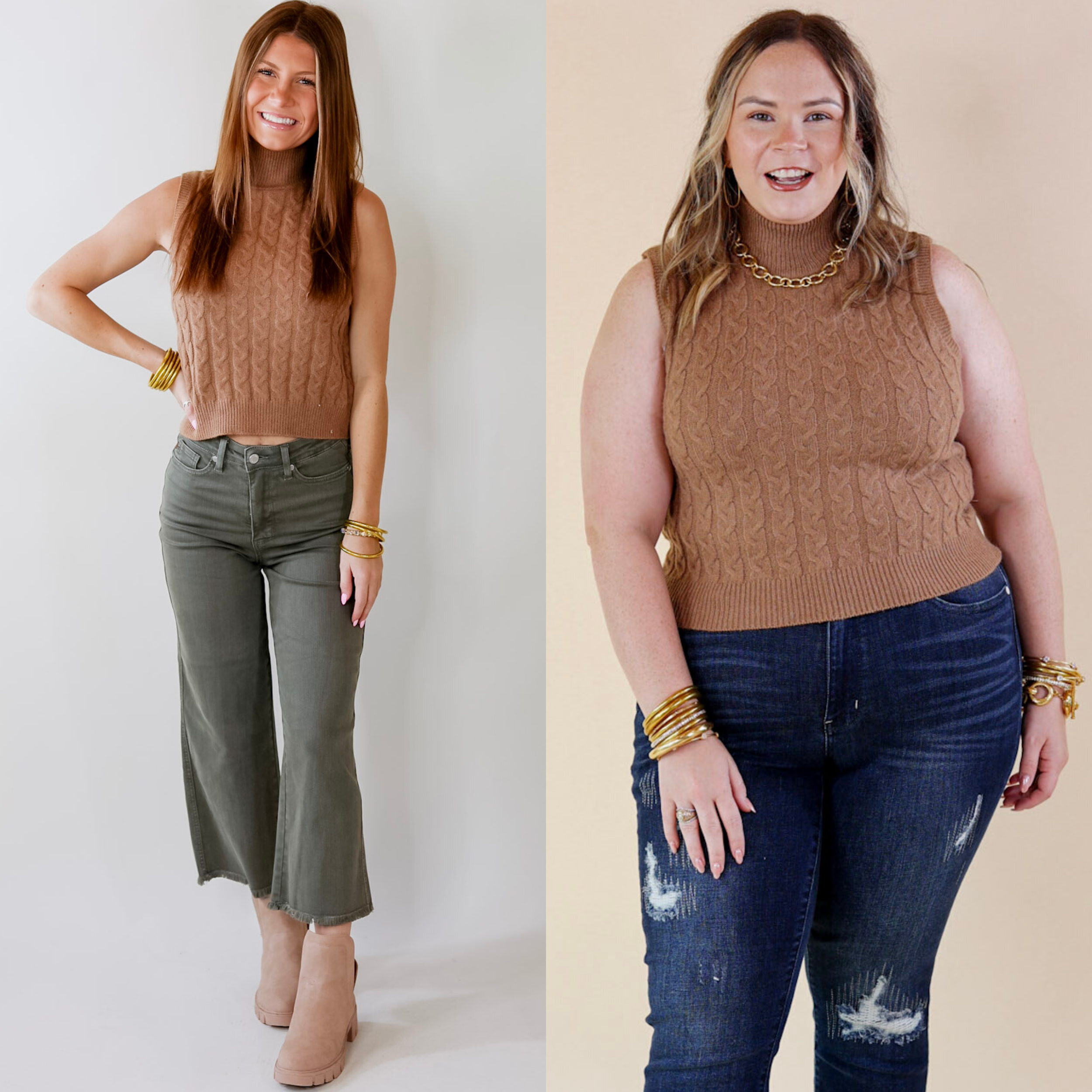 Model is wearing a sleeveless camel brown cropped sweater with a high neckline. Model has paired the sweater with olive green pants, beige booties, and gold tone jewelry.