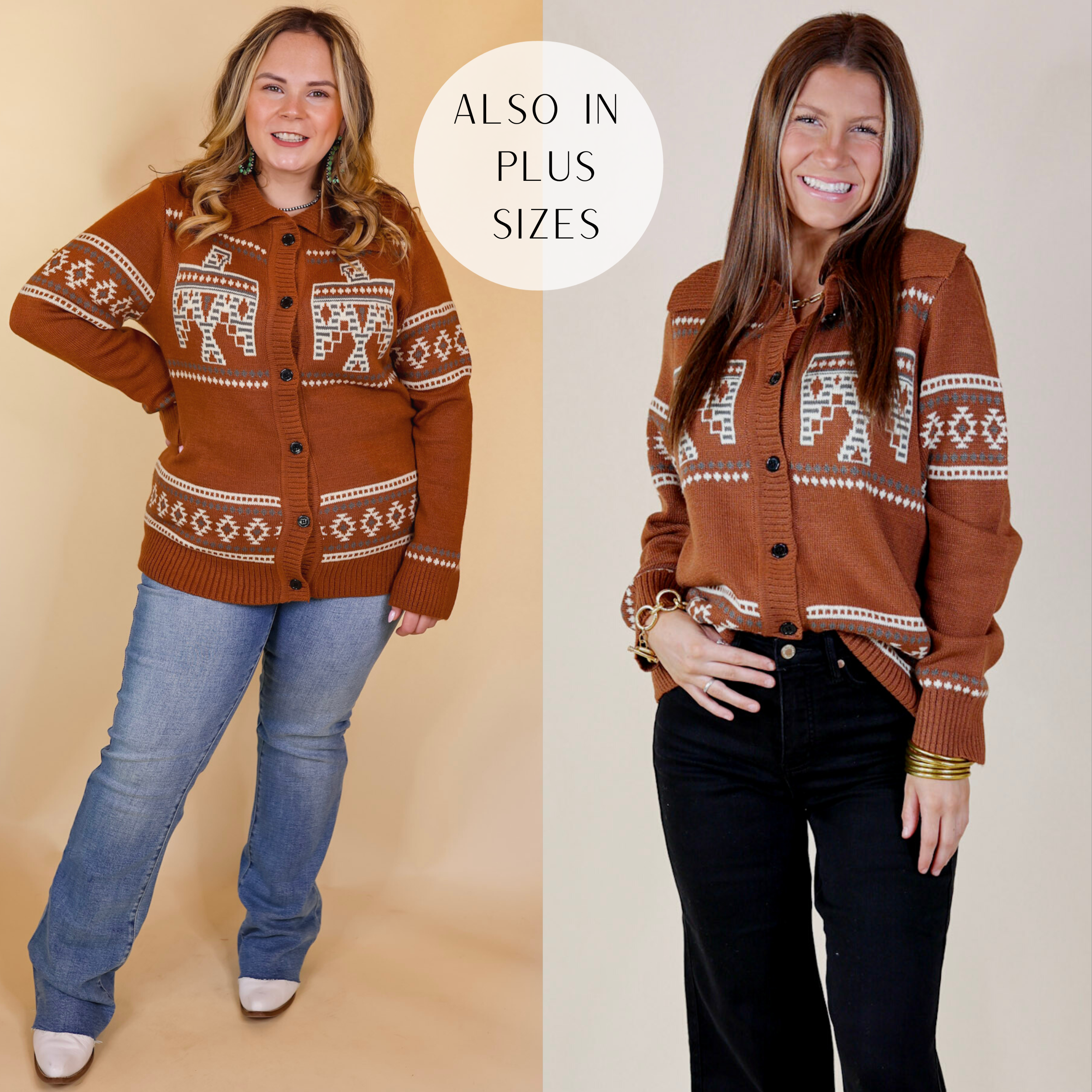 Model is wearing a button down cardigan with 2 thunderbirds on each side of the buttons. Model has this cardigan paired with jeans, white booties, and Navajo jewelry. background is a solid tan.