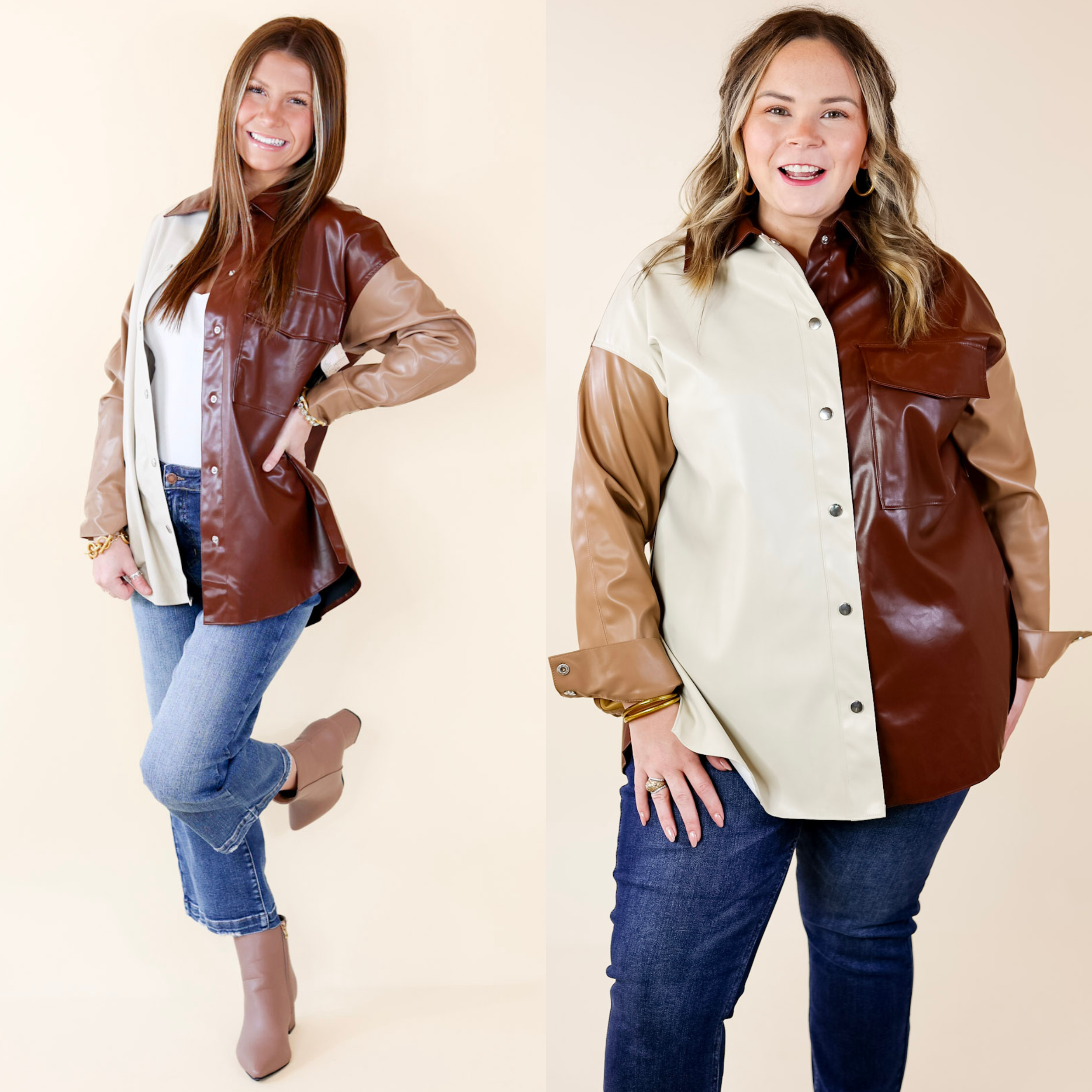 In the picture the model is wearing a faux leather color block shacket in brown mix with a white background
