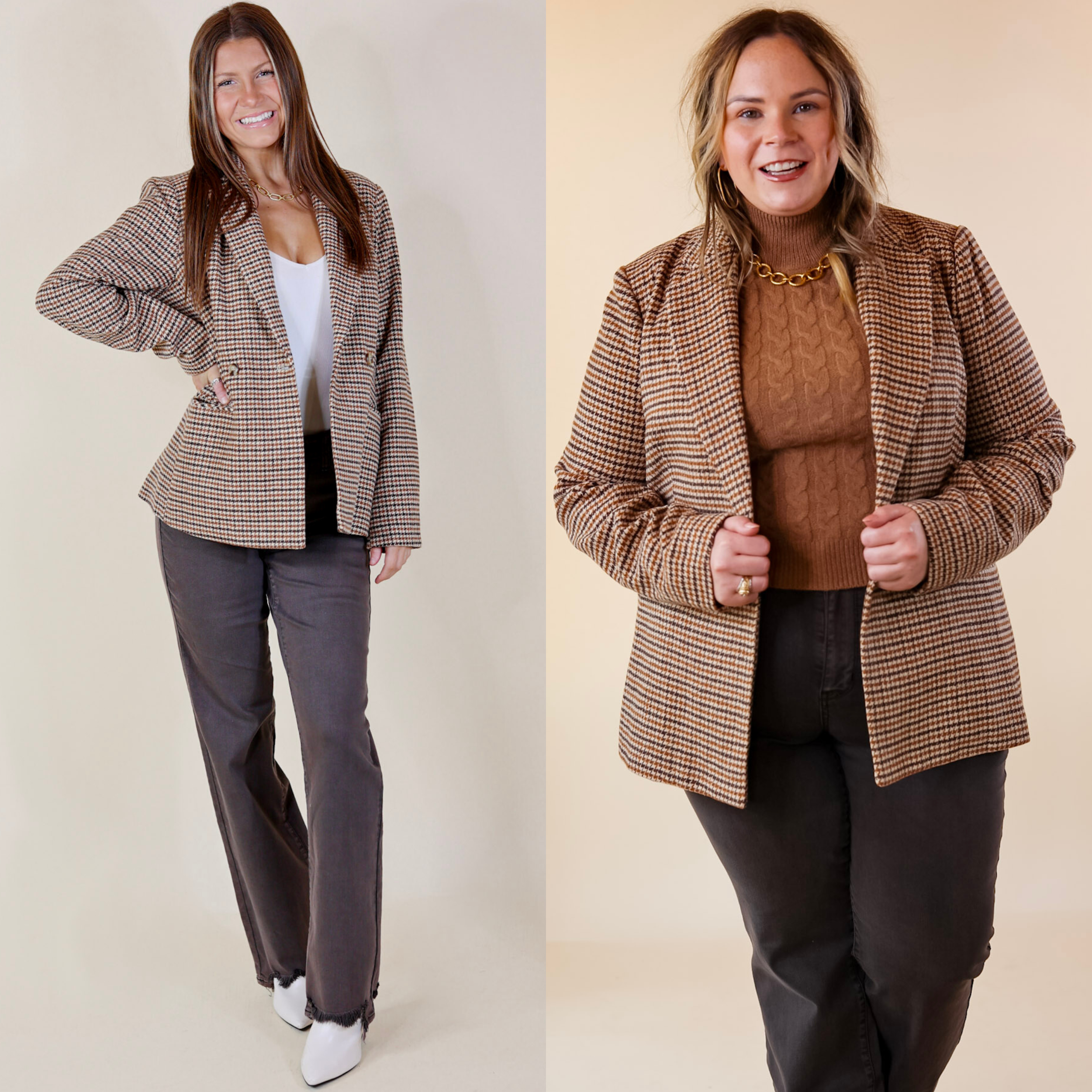 in the picture the model is wearing a downtown holiday houndstooth double button blazer in beige mix with a white background