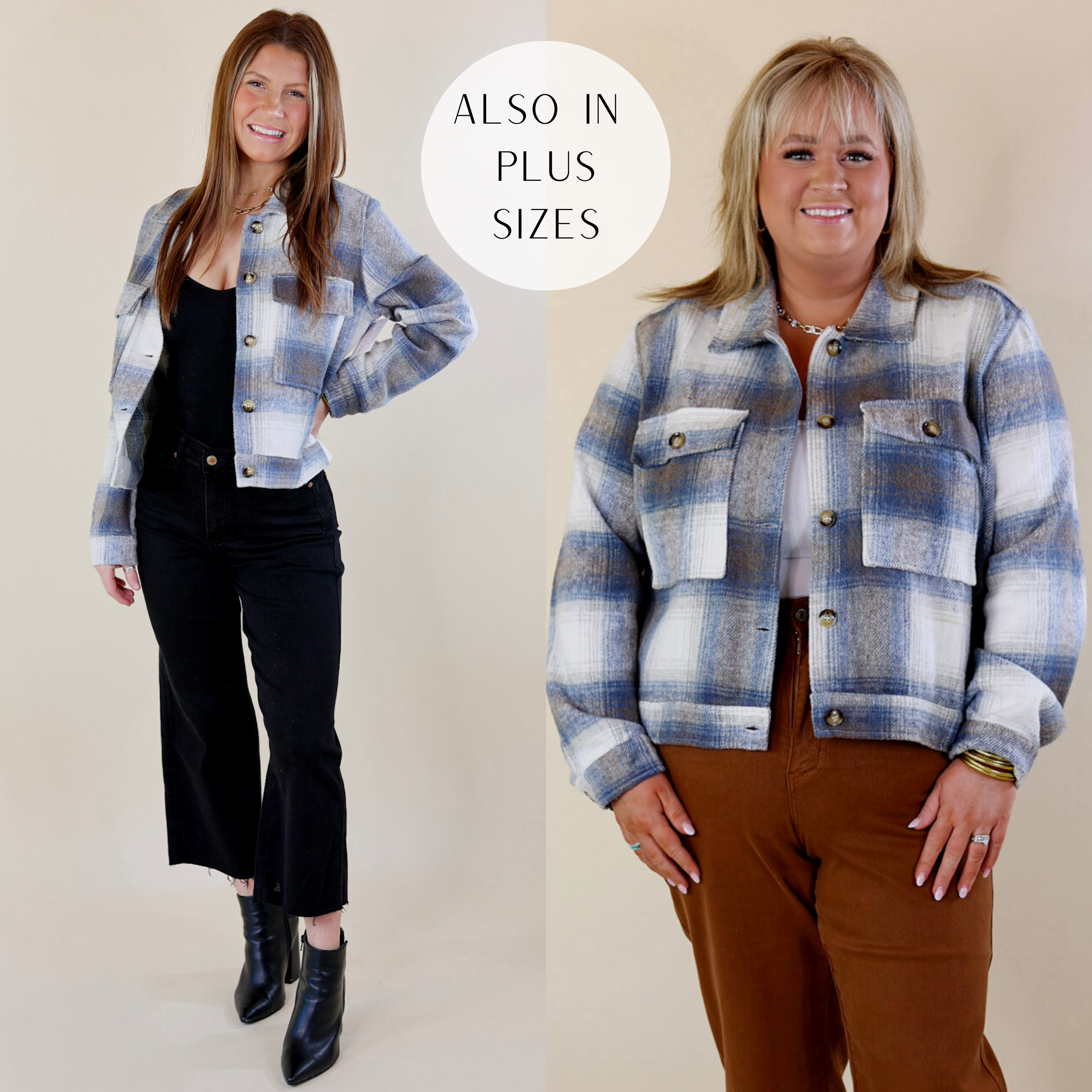 In the picture the model is wearing a button up cropped plaid jacket in blue mix with a white background