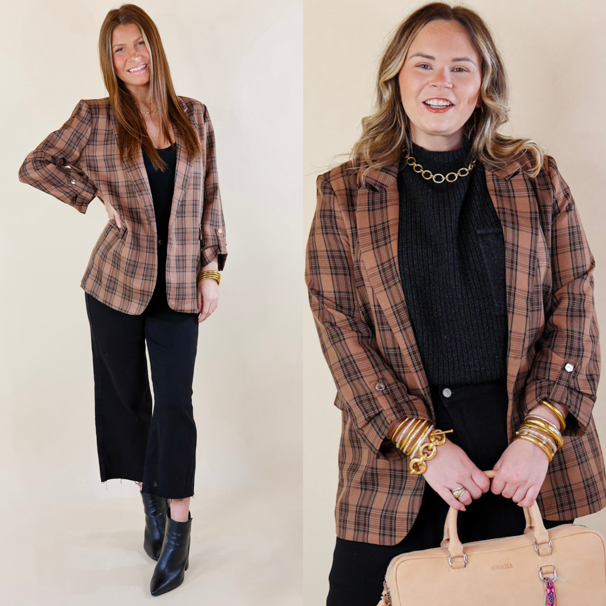 In the picture the model is wearing a mountain view open front plaid blazer with 3/4 sleeves in brown with a white background 