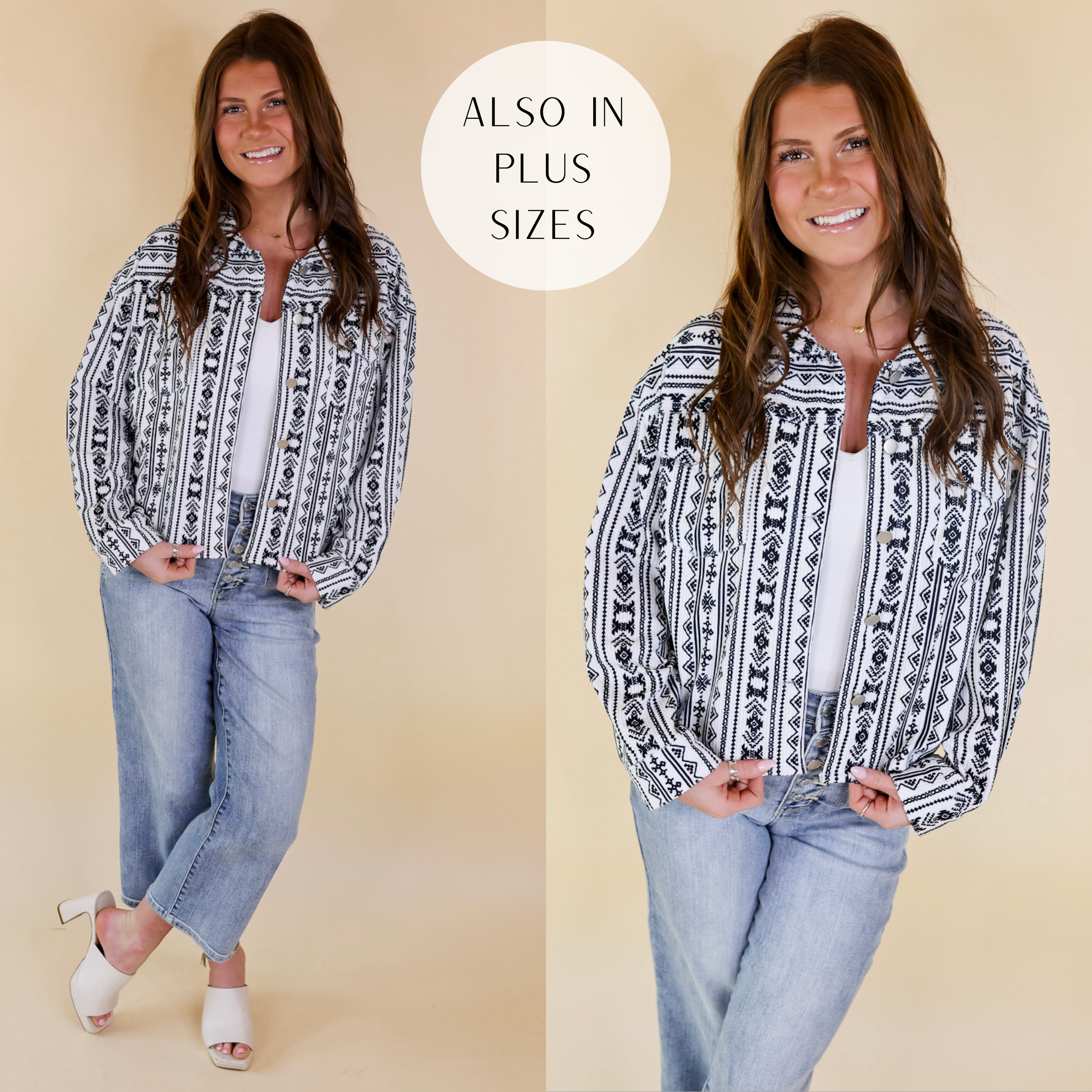Model is wearing a button up corduroy shacket in black and white. Model has this shacket paired with light wash jeans, ivory heels, and gold jewelry.