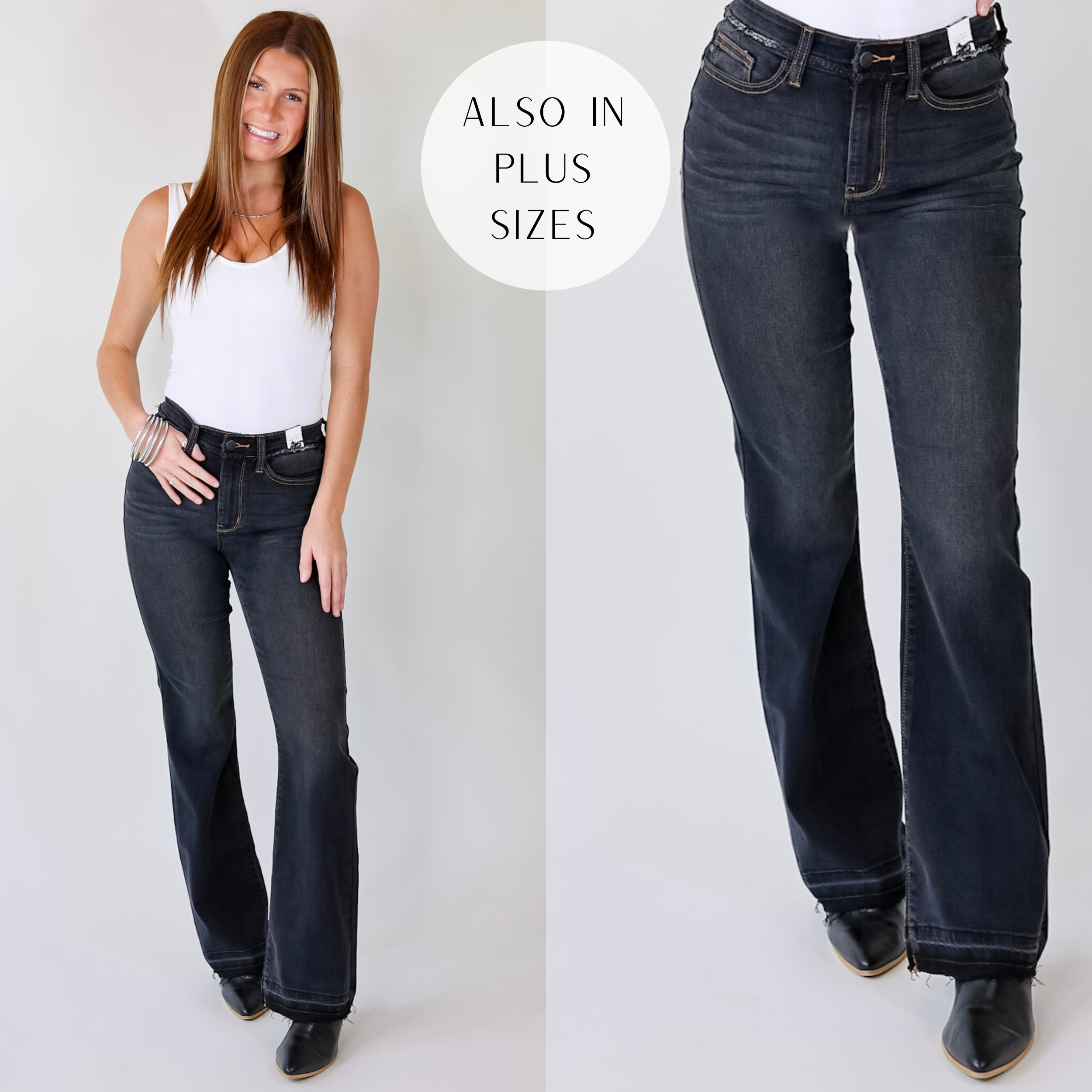 Judy Blue | Greatest Opportunity Release Hem Jeans with Frayed Waist in Black Wash - Giddy Up Glamour Boutique
