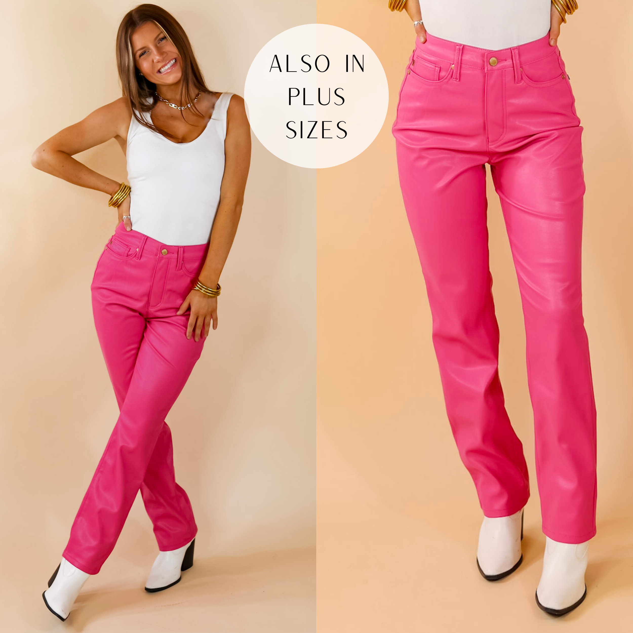 Judy Blue | Let's Go Party Faux Leather Tummy Control Straight Leg Pants in Hot Pink - Giddy Up Glamour Boutique